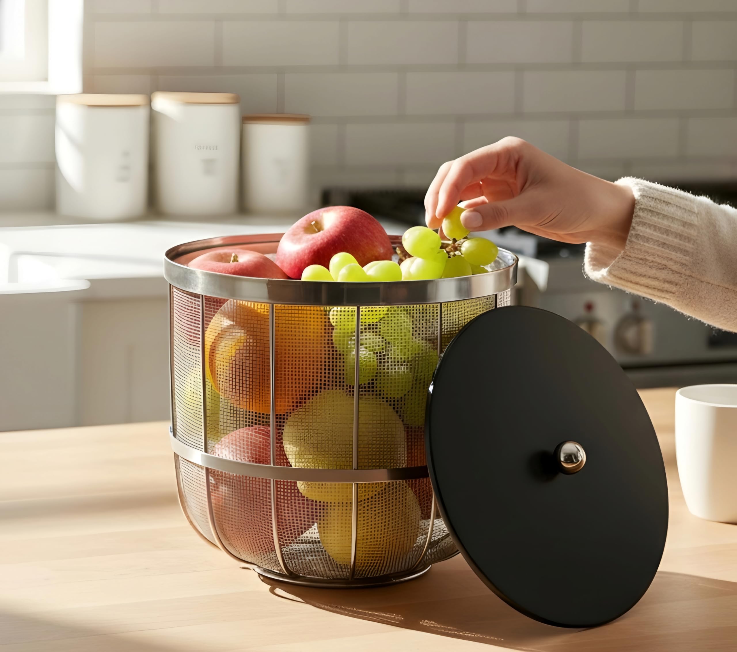 Fruit Basket | Insect-Resistant Metal Fruit Basket, Design Wooden Lid Gold Mesh Storage Container for Fresh Fruits & Vegetables | Stylish Jaali Design for Kitchen & Dining Décor