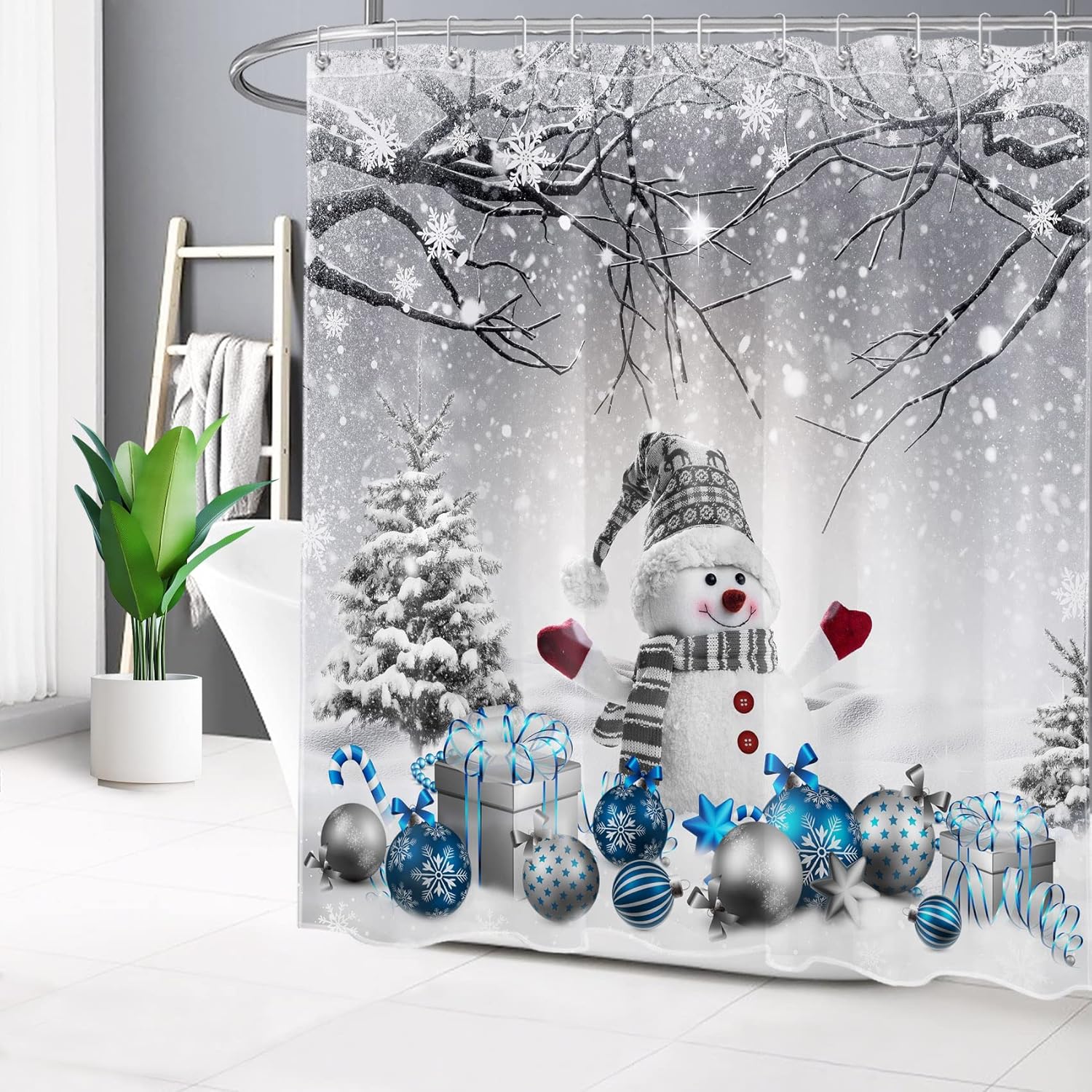 HVEST Winter Christmas Shower Curtain with Bathroom Rugs, Cute Snowman in Snowy Forest Shower Curtain and Bath Mat, 70X70 Pine Tree Covered with Snow Shower Curtain Set Bathroom Decor