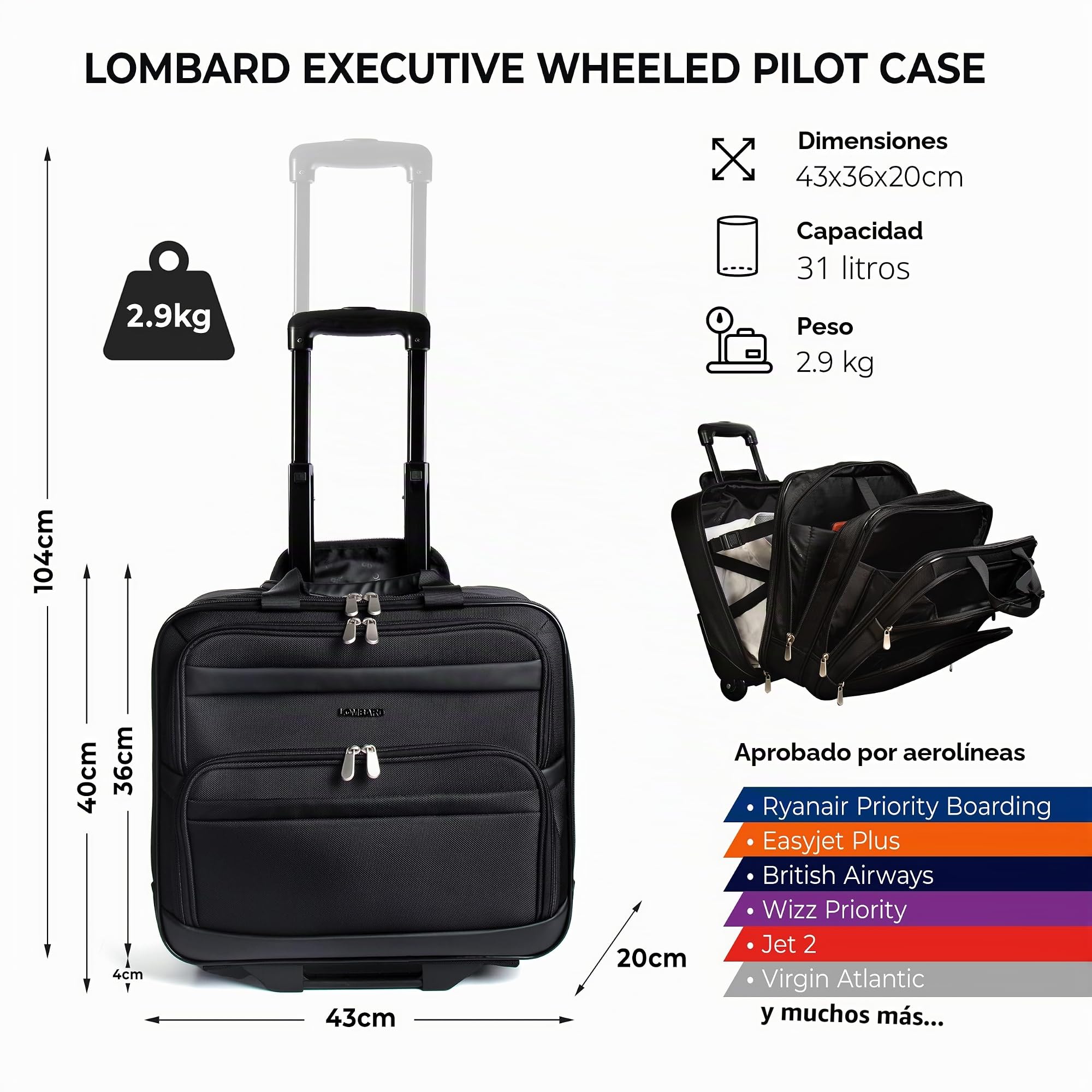 Lombard Maletín Ejecutivo de Estilo piloto con Ruedas - para portátiles de 15" y 17"