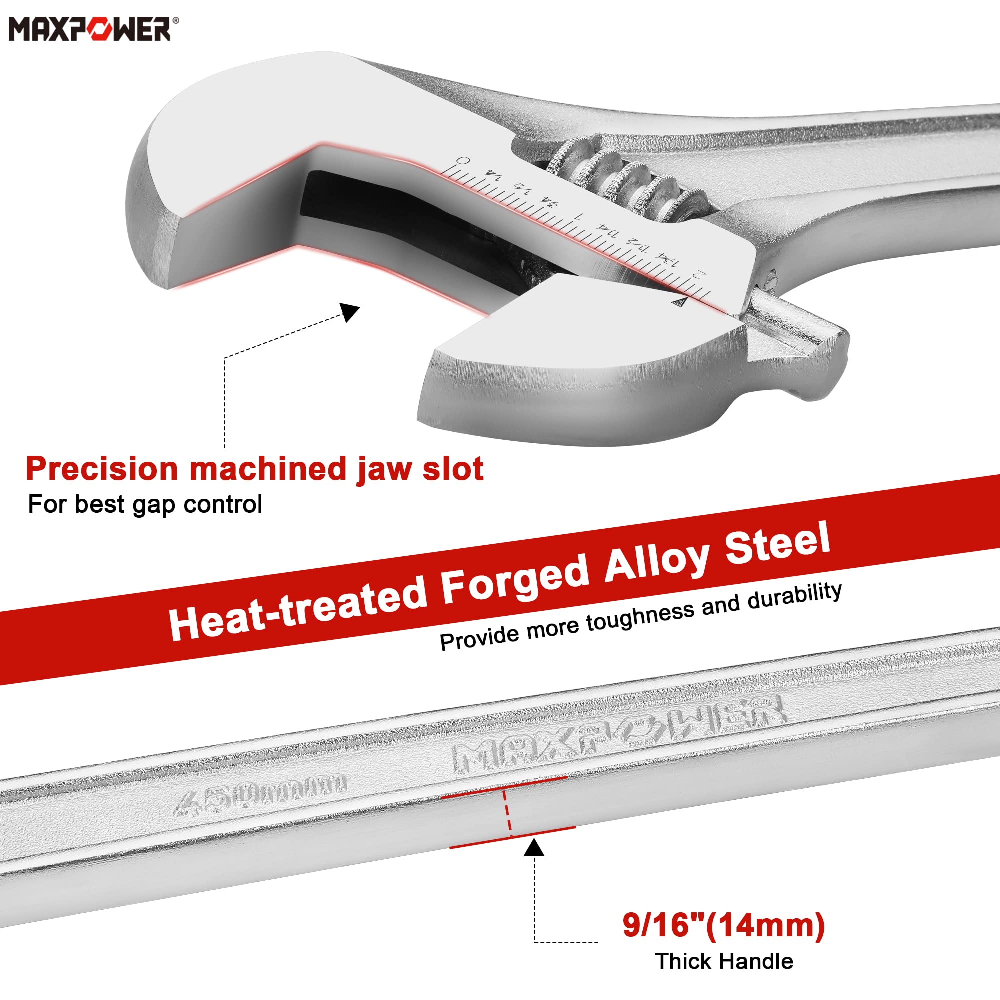 MAXPOWER Llave ajustable de 381 mm y 457 mm, llave de acero Cr-V resistente, escalas métricas y SAE, paquete de 2