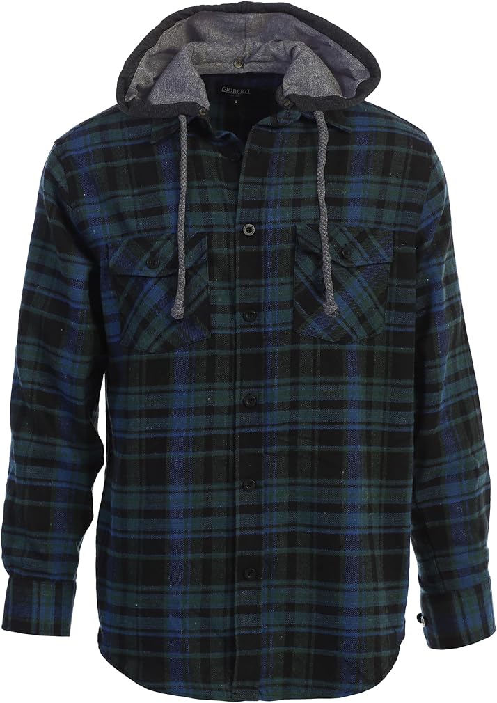Men's Removable Hoodie 100% Cotton Plaid Checkered Flannel Button Down Shirt