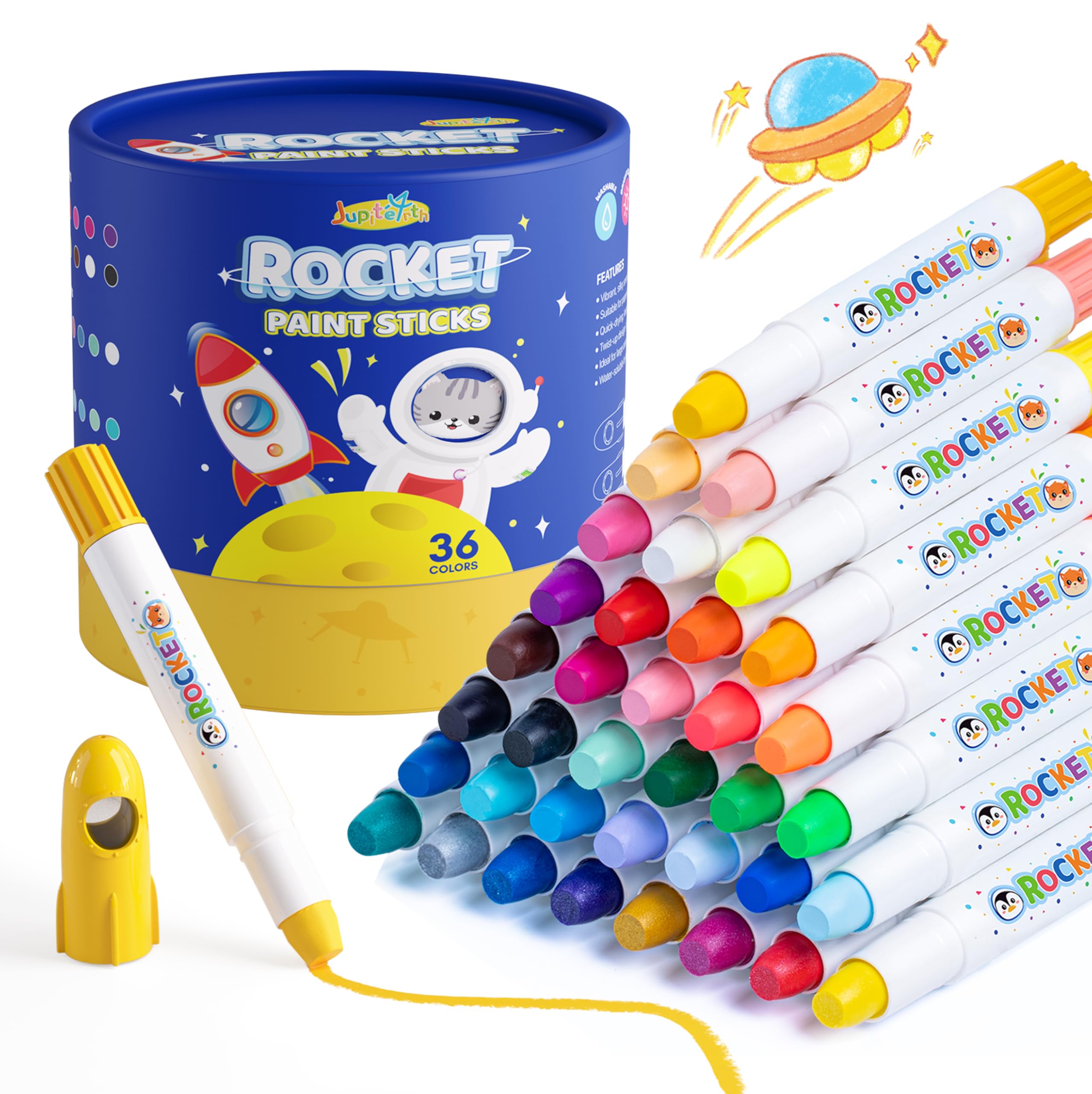 JUPITEARTH 36 Farben Wachsmalstifte für Kinder Rakete Malstiften Sticks mit 120 PDF-Malvorlagen, Schnell Trocknende Waschbare and Ungiftige für Kinder und Studenten, Erwachsene Papier Holz