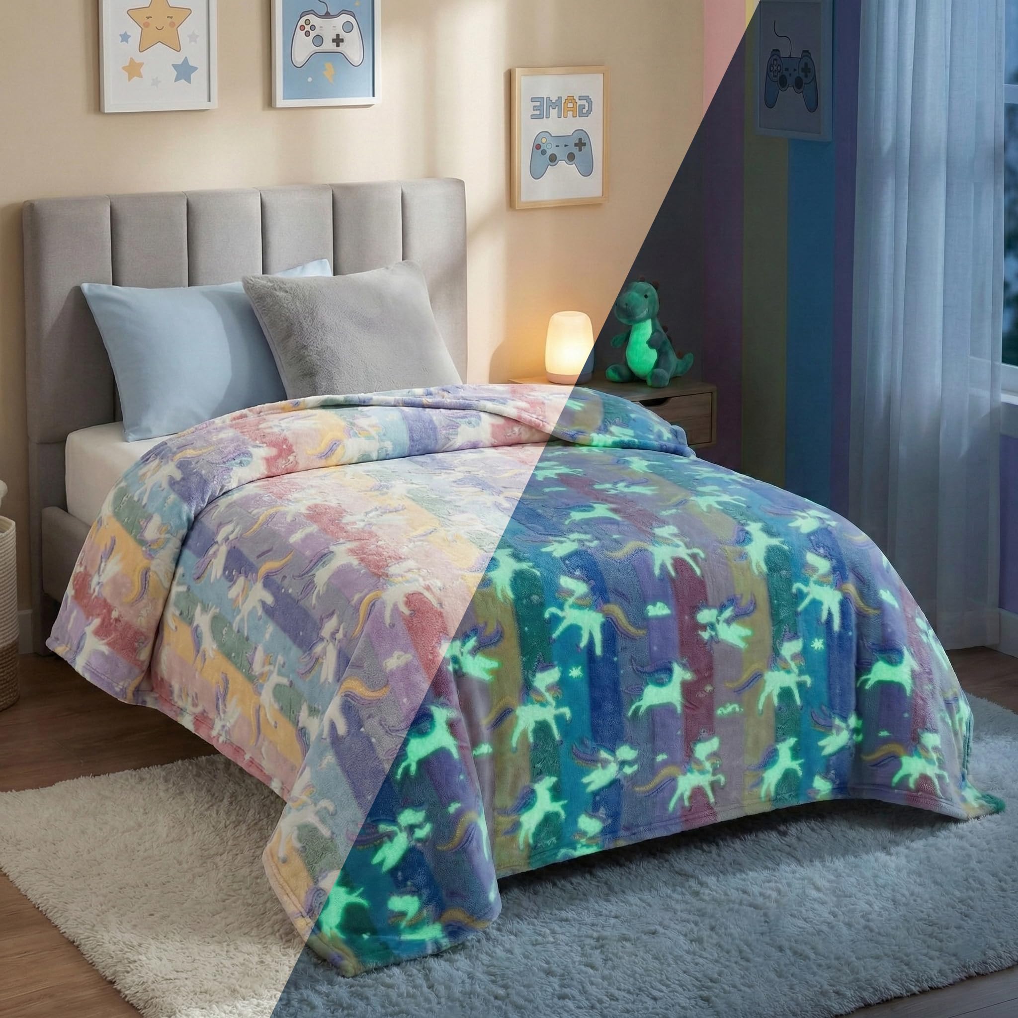 BSB HOME Glow in The Dark Kids Blanket Single Bed Size, Soft Fleece Luminous Bed Throw, Cozy Lightweight Blanket for Boys & Girls (60 x 90 in / 152 x 229 cm) (Unicorn Print - Red Blue & Lavander)-image-14