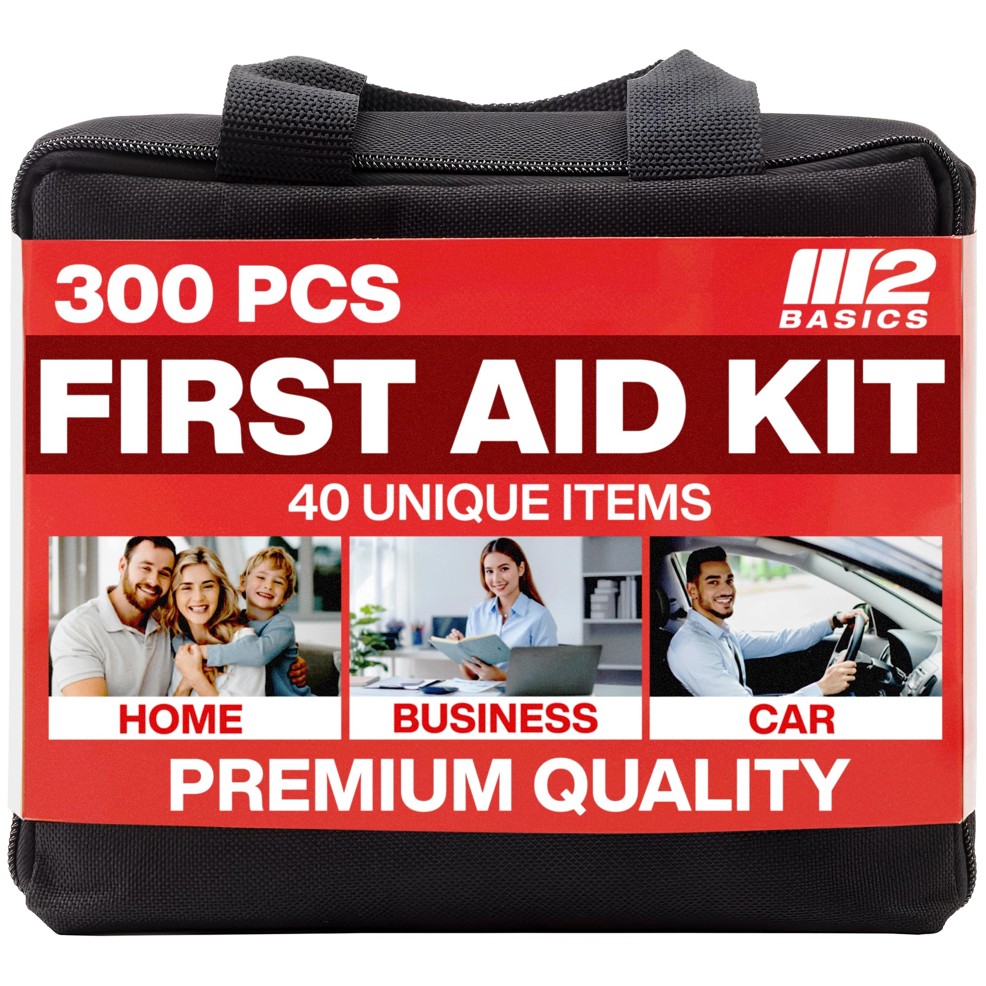 M2 BASICS Premium First Aid Kit, 300 Pieces, 40 Unique Items – First Aid Kit for Home, Car, Vehicles, Business, Travel, Outdoors, Camping, Travel Sports – Durable Bag, Emergency Medical Supplies