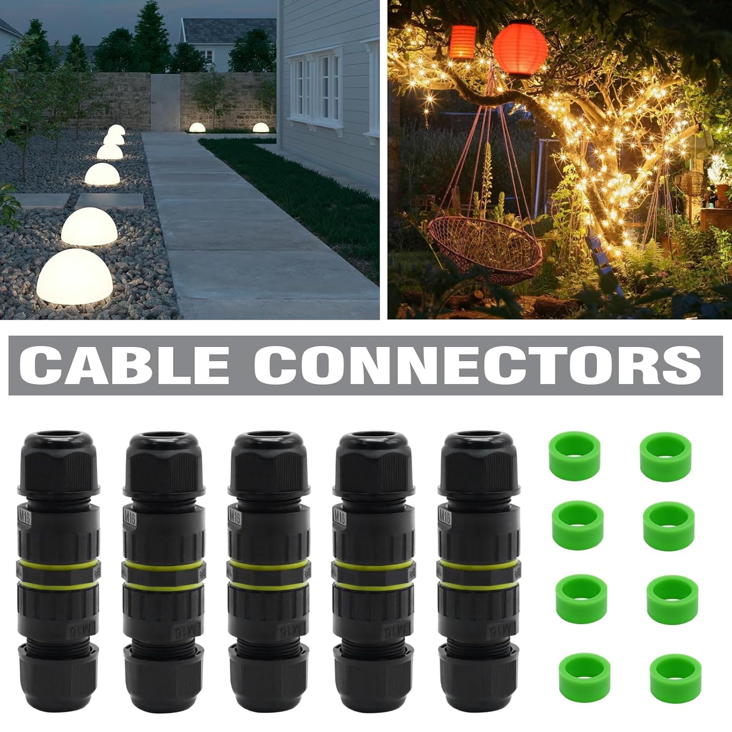 EATAKWARD 5 Pcs IP68 Outdoor Waterproof Electrical Junction Box Cable Connector, M16 Range of Ø3.5-7mm/7-10mm, 2 Way 3Pin, Fits for Garden and Road Landscape Lights