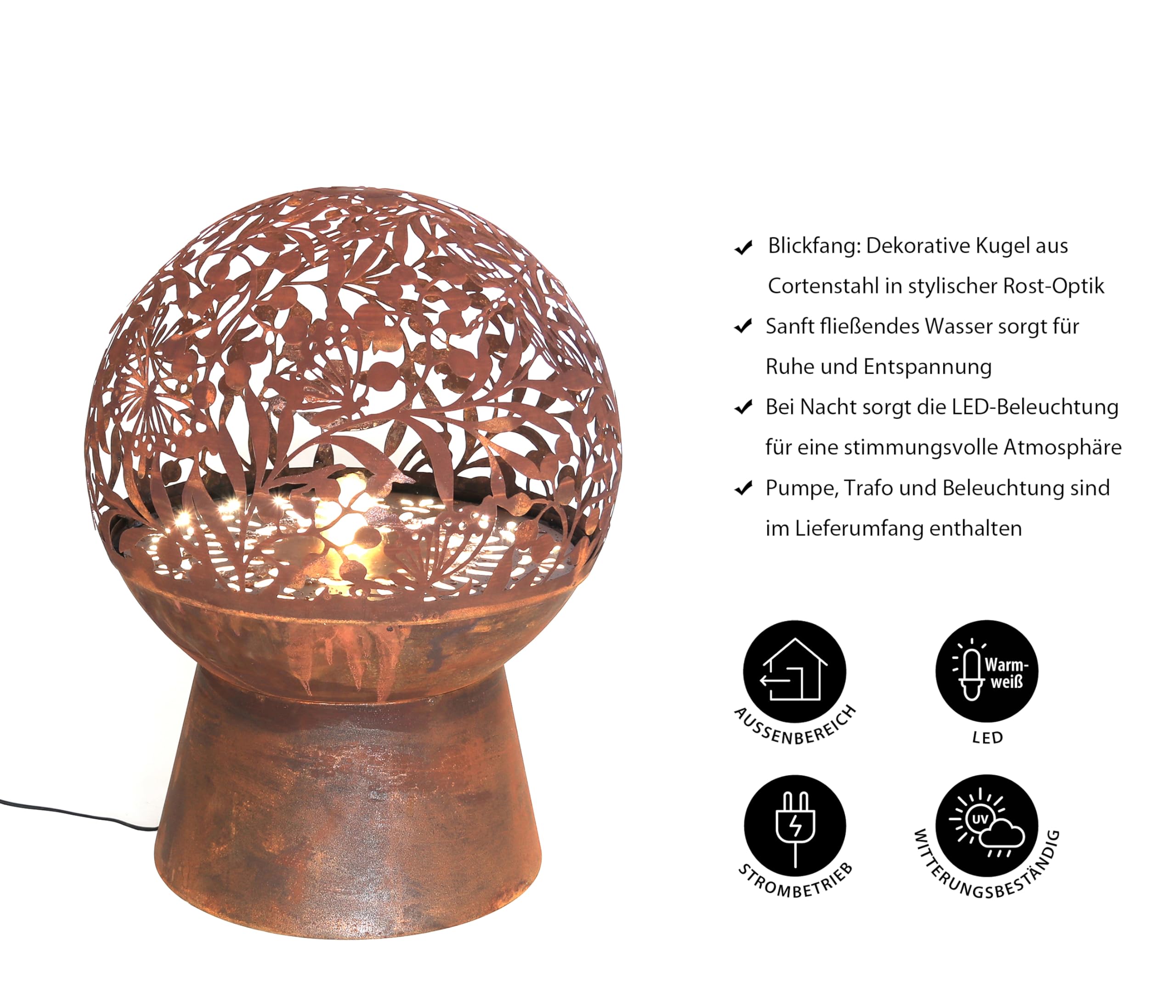 Dehner Gartenbrunnen Floral, frostbeständiger Brunnen für Außen, Komplett-Set mit warmweißer LED Beleuchtung/Pumpe/Trafo, Höhe 66 cm, Ø 50 cm, Cortenstahl, Kupfer-Farben