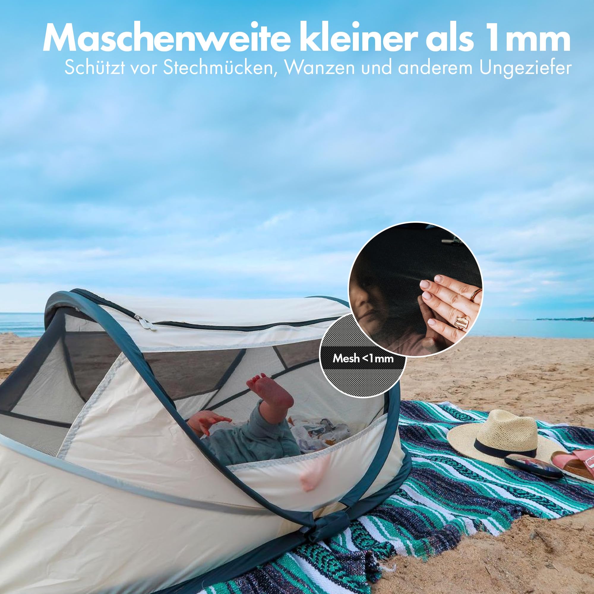 Deryan BabyBox Campingbett - Leicht, Kompakt und Faltbar -Aufgeklappt in nur 2 Sekunden -50% UV-Schutz - flammhemmendes Gewebe - Inklusiv Schlafmatte, Moskitonetz und Tragetasche - Creme