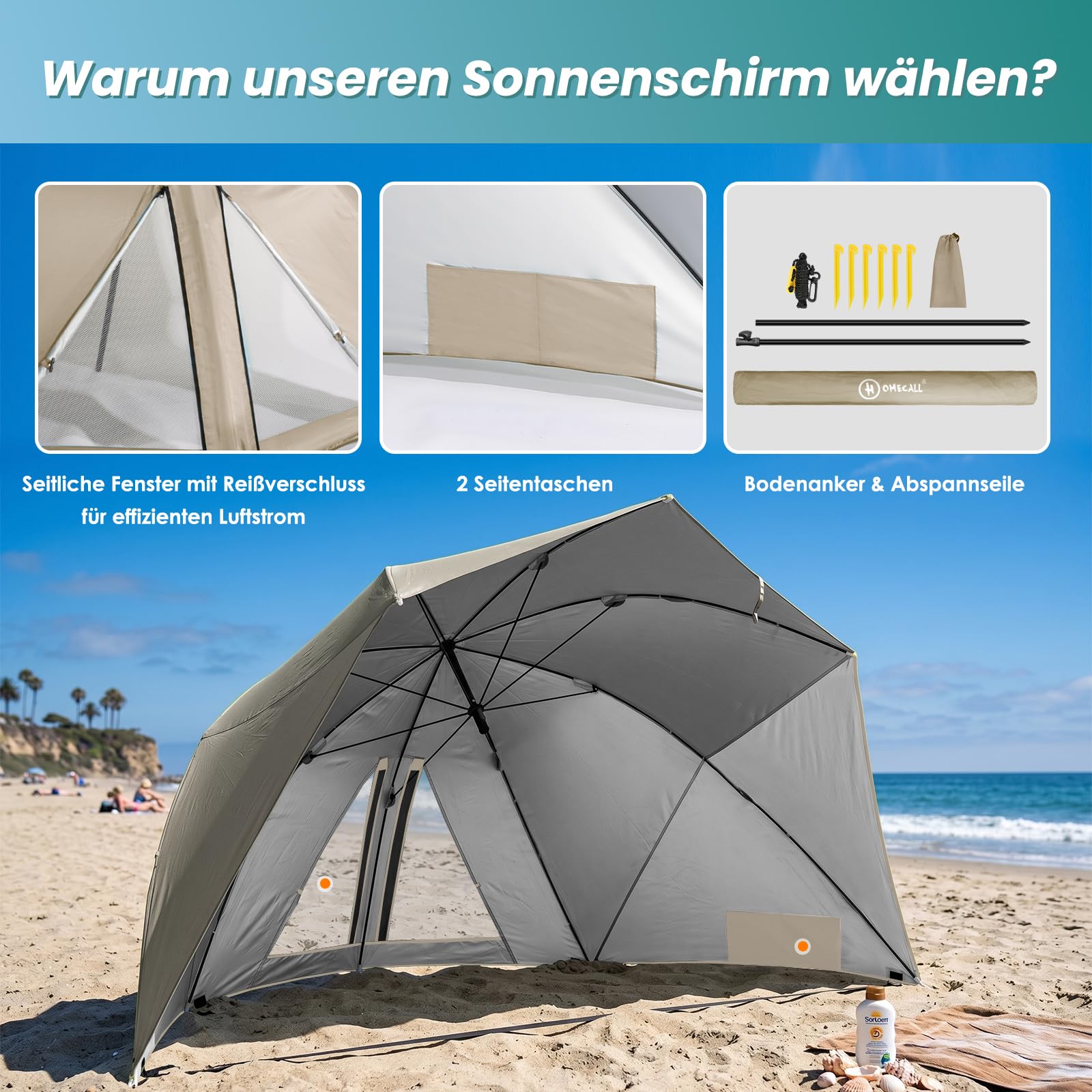 Homecall Sombrilla de playa 2 en 1, convertible, Ø 270 cm, gran sombrilla parasol, con ventana – protección contra el viento, la playa, la lluvia, UV50+, protección contra el sol, para la playa para 2