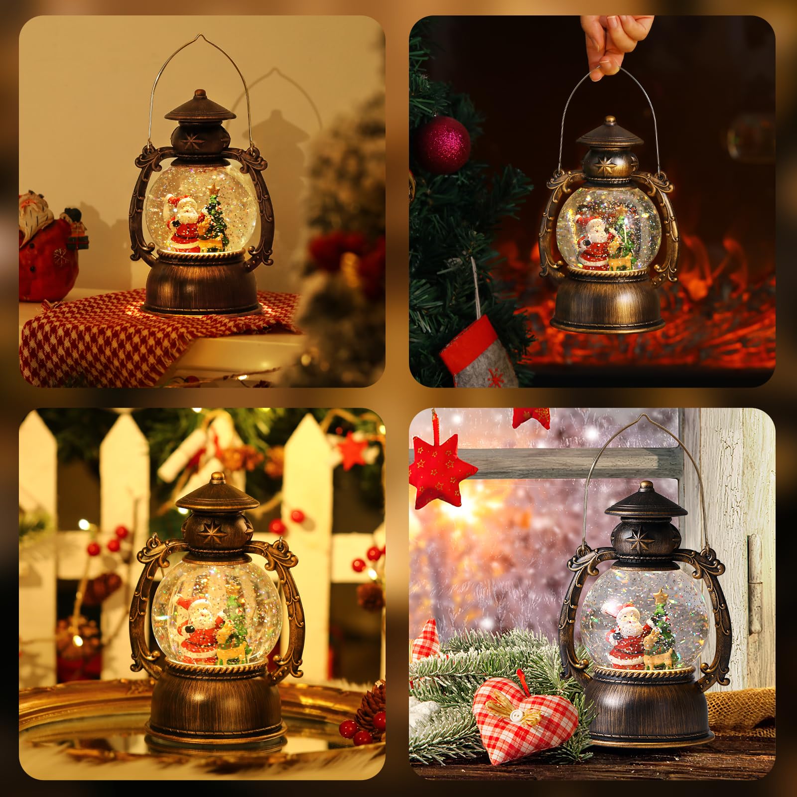 Lewondr Schneekugel Weihnachten mit Spieluhr, Elektrische Schneekugel Weihnachtsmann mit Musik & Licht & Timer Weihnachtsdeko Laterne Weihnachtslicht Batteriebetrieb/USB Beleuchtung, Messingfarbe