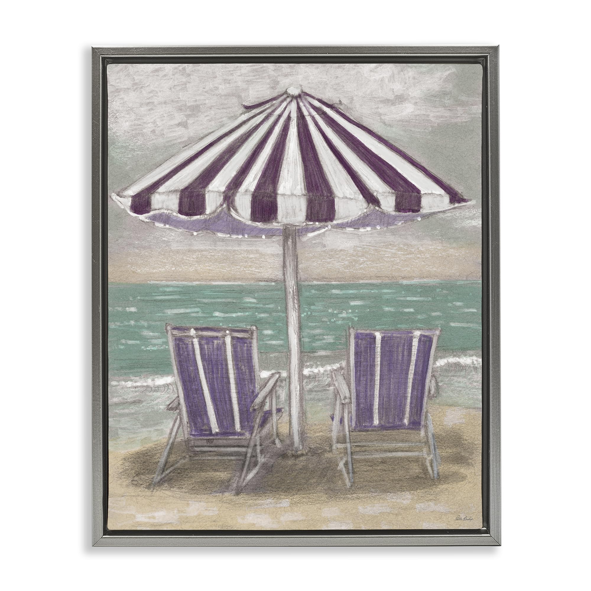 Stupell Industries Luster Gray (Matte) 'Umbrella & Chairs On Beach', Floating Frame Canvas Art, Gray, 25 X 31 Inches, Easy To Hang And Sturdy, Made In Usa, By Patti Bishop