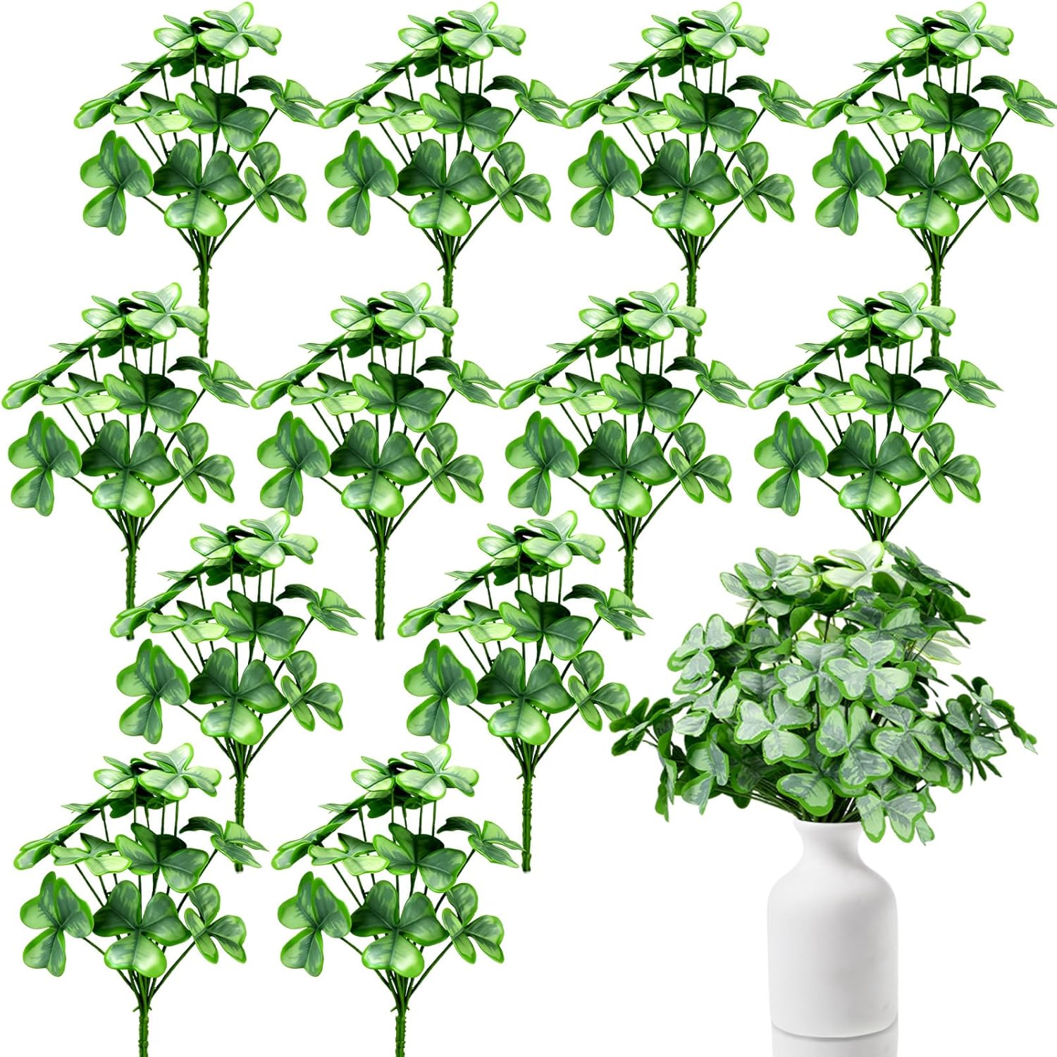 12 Bunch Artificial Shamrock Plants Bulk 10.2" St. Patricks Day Clover Greenery Lifelike Faux Shamrock Plant DIY St Patrick Day Flower Bush for Office Home Garden Farmhouse Wedding Vase Decor