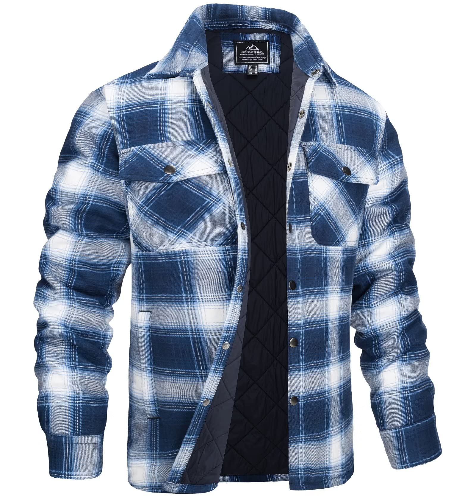 MAGCOMSENMen's Flannel Shirt Jacket with Quilted Lined Long Sleeve Plaid Coat Button Down Thick Outwear Winter, Blue, Medium