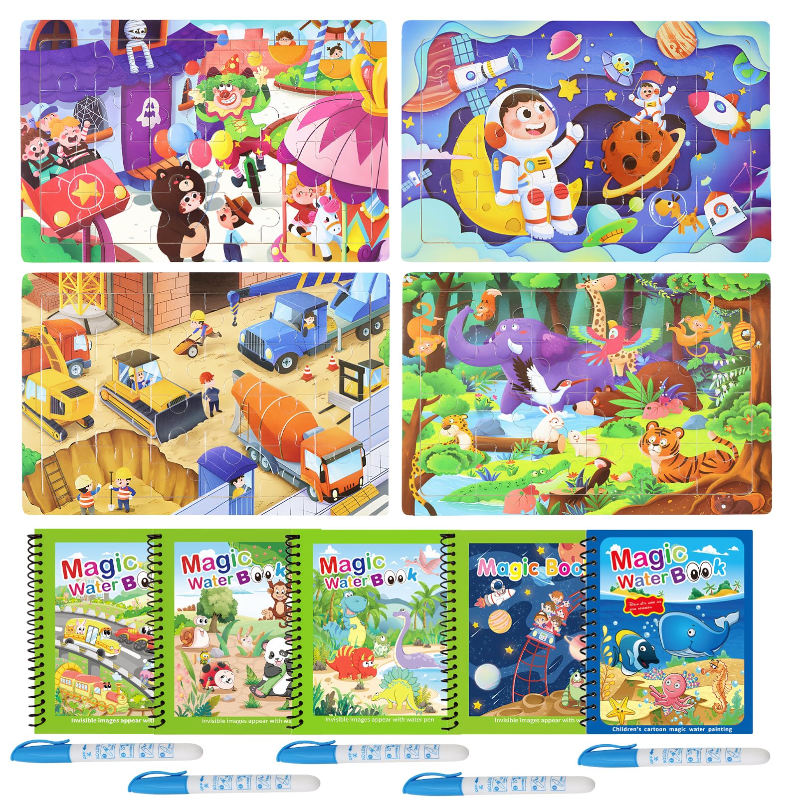 5 Pieces Magic Water Colouring Books and 4 Puzzles Wooden Jigsaw Puzzles, Reusable Magic Colouring Book with 5 Pieces Water Pen, Animal Painting Books for Kids 3 4 5 6 Year Old Boys Girls