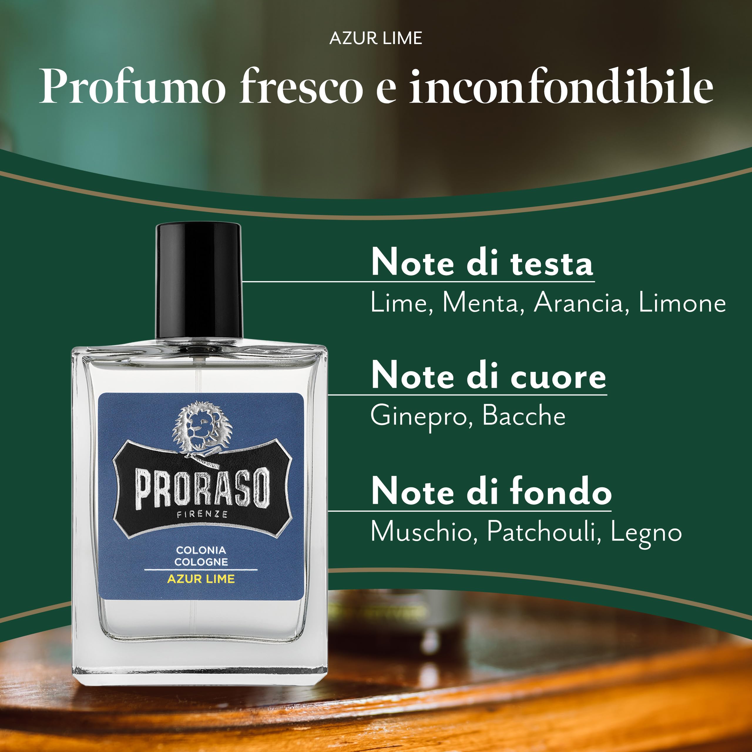 Proraso Acqua di Colonia Azur Lime, 100ml, Eau de Cologne, Profumazione Azur Lime, Fragranza muschiata e agrumata con lime e patchouli, Made in Italy