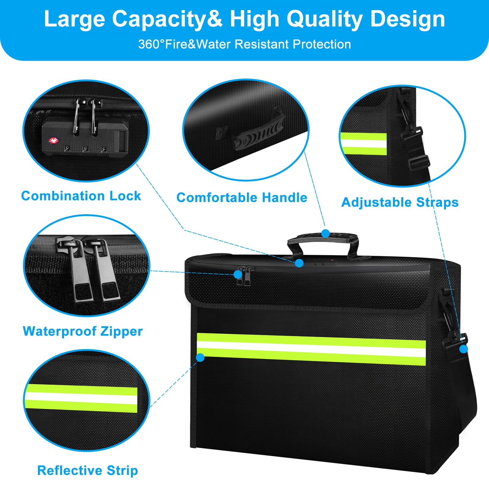 Borsa portadocumenti ignifuga, con scatola ignifuga a 9 strati con materiali isolanti e cerniera impermeabile, scomparti per cartelle rimovibili, striscia riflettente per contanti, documenti, gioielli