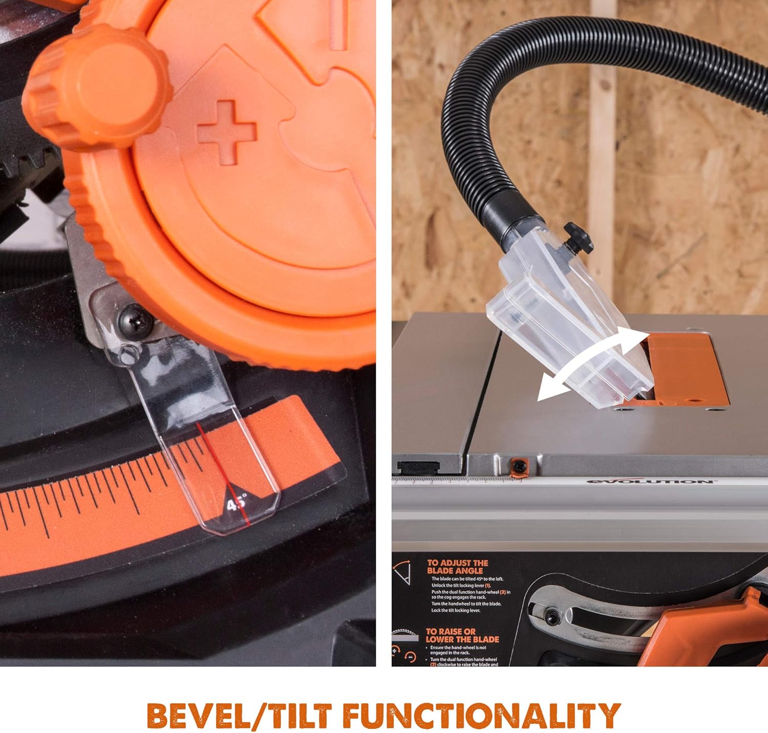 Close-up of the bevel tilt mechanism and blade guard showing angle adjustment