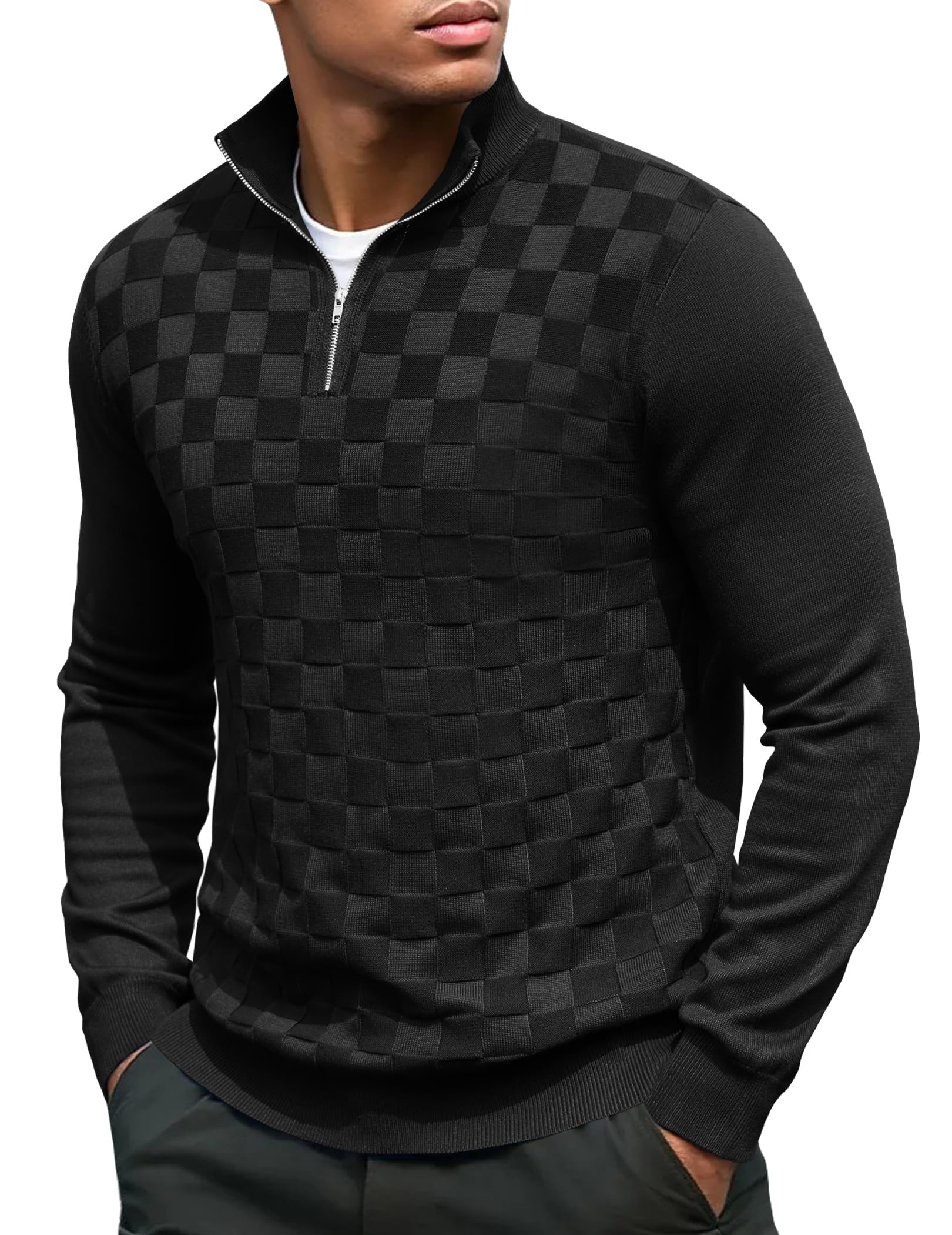 coofandy Quarter Zip Pullover Men Dress Sweaters Long Sleeve Jacquard Checkered Sweater-picture-24
