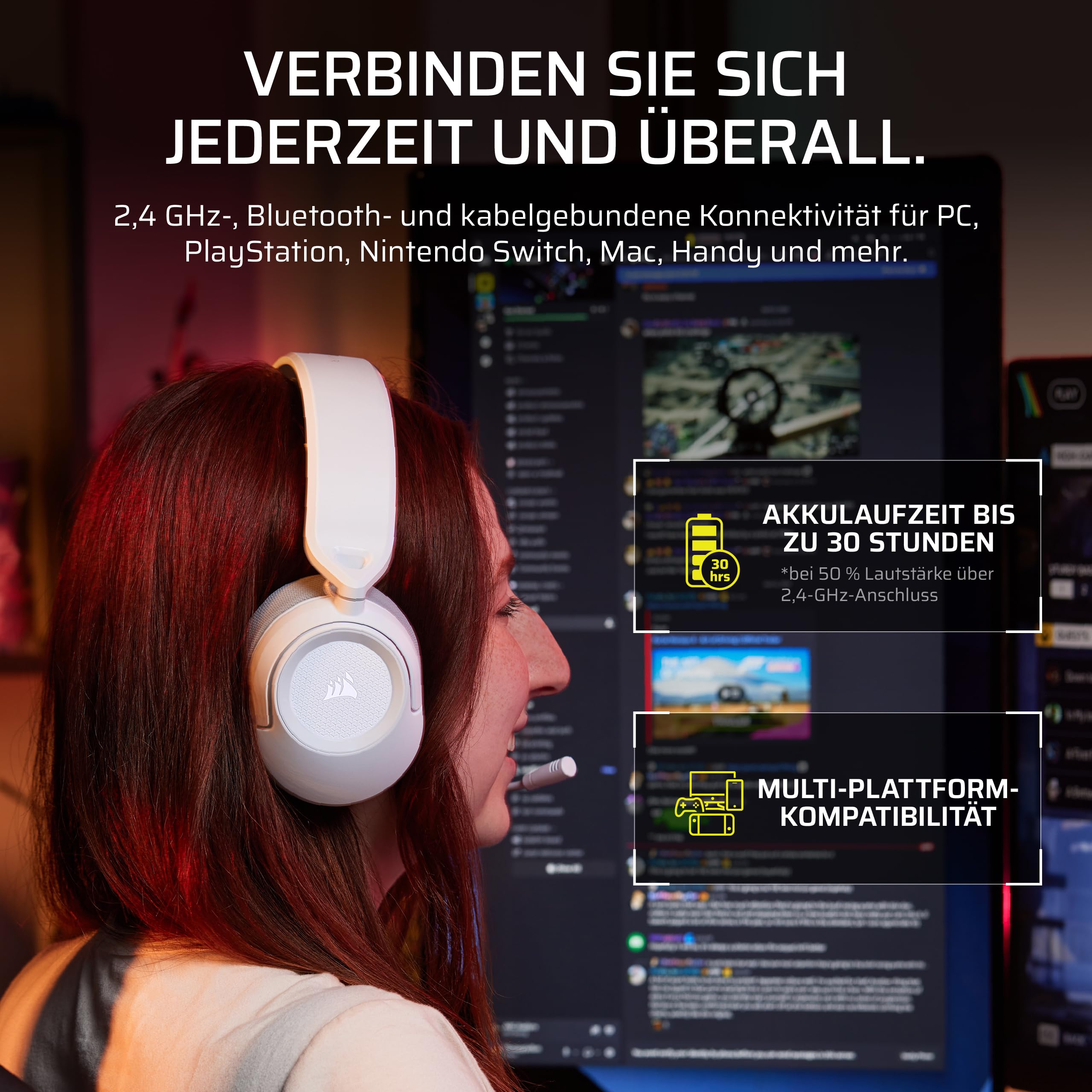 Corsair HS35 v3 Kabelloses Gaming-Headset mit Mikrofon – Weiß | 2,4 GHz & Bluetooth (PC, PS5, PS4, Switch, Mac, Mobilgeräte), Leicht und Komfortabel, Dolby Atmos
