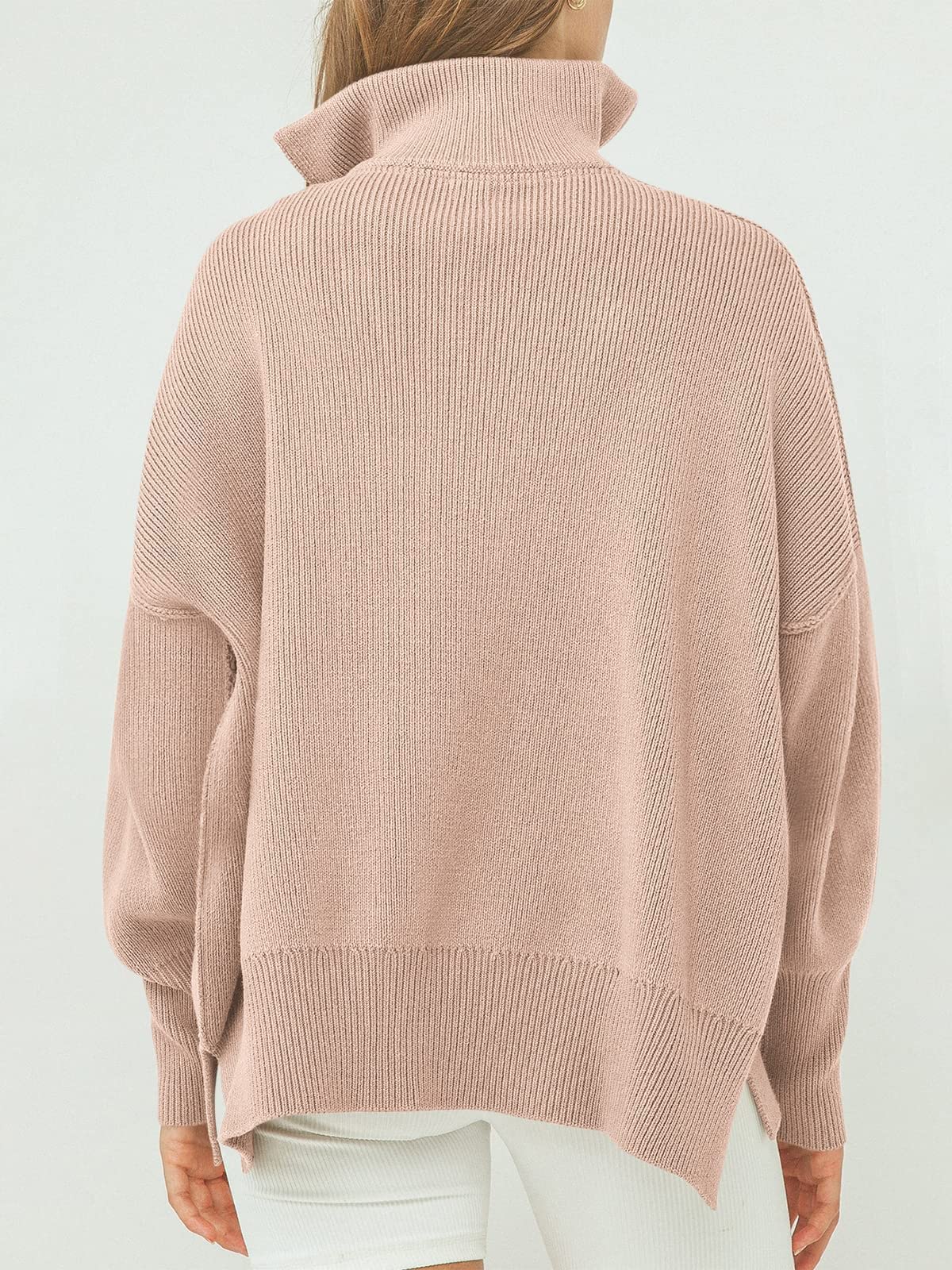 Suéter de Las Mujeres Slouchy Sudadera de Manga Larga suéter con Dobladillo Dividido y 1/4 de Cremallera de Cuello de caída del Hombro (Pink x)