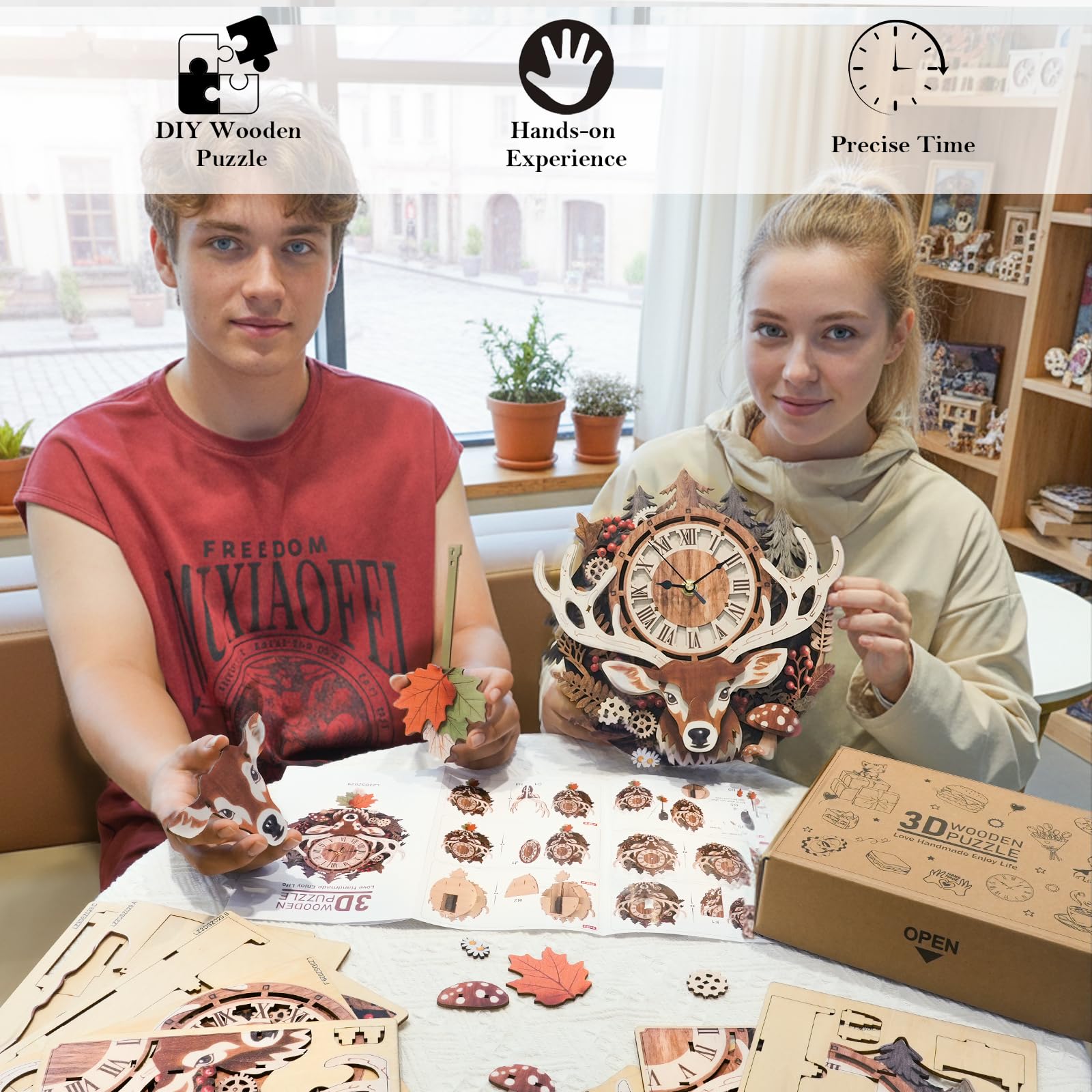 3D Wooden Reindeer Clock Puzzle - Build & Decorate -4