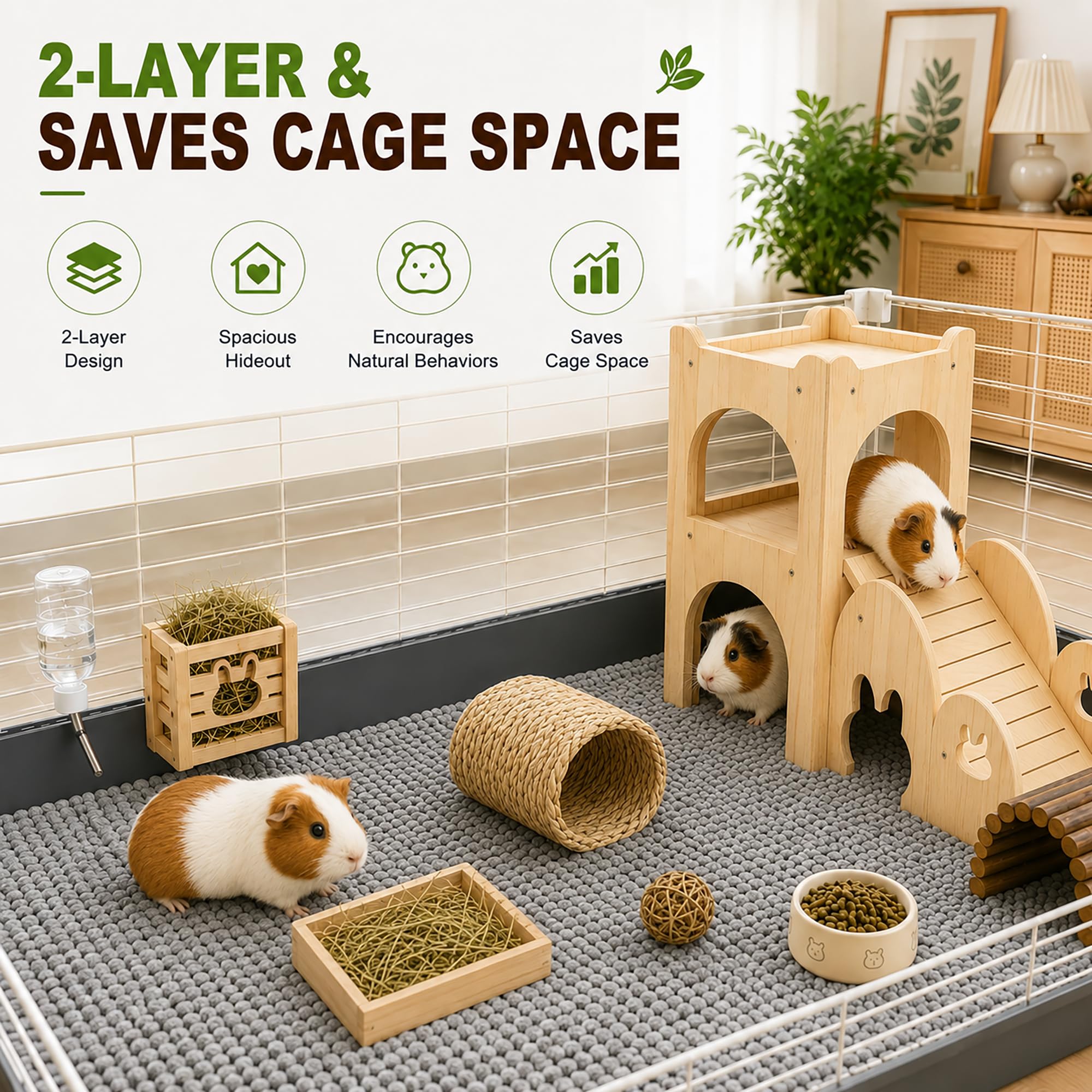Großes Kaninchenversteck aus dickem hartem Holz, Hasenhaus-Schloss, Kletterturm, abnehmbares Spielhaus, belüftetes Meerschweinchen-Holzversteck für Hamster, Chinchillas, 2 Stück