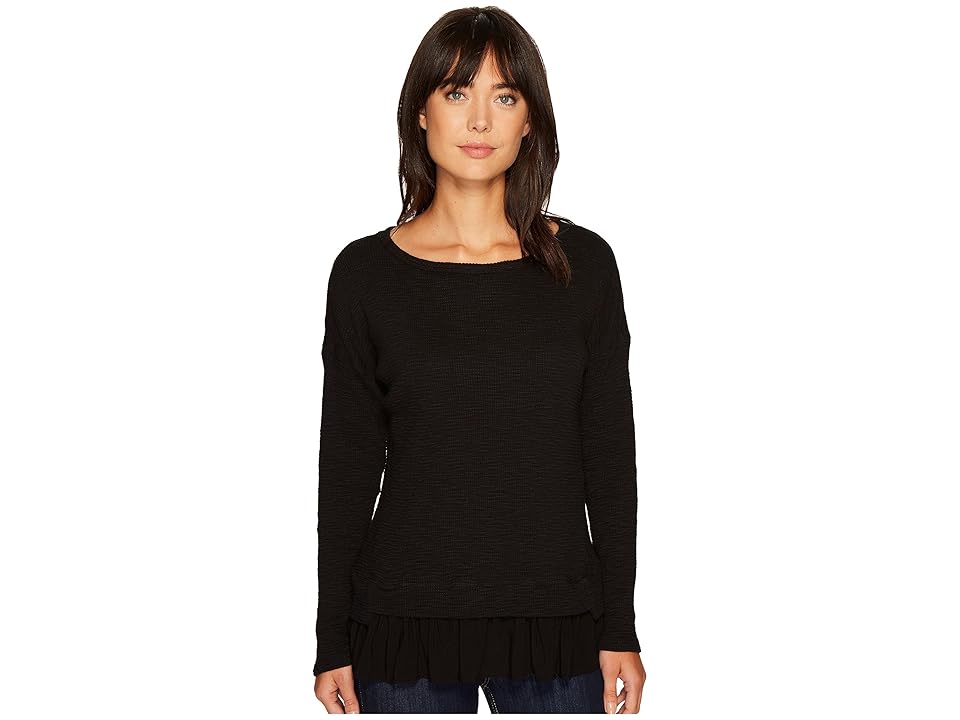 

Mod-o-doc Vintage Slub Thermal Boxy Pullover with Contrast Hem (Black) Women's Clothing