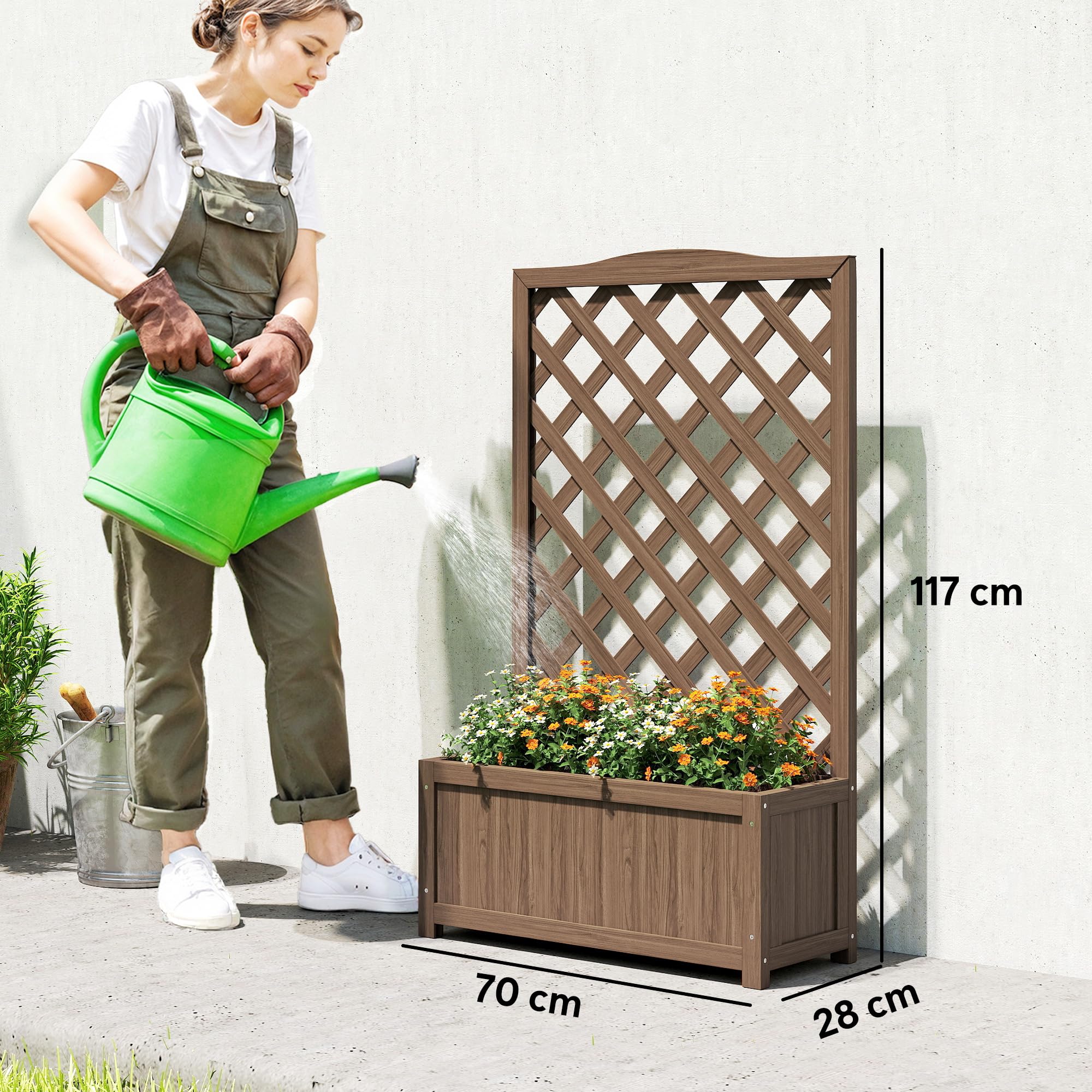 Outsunny Jardinière avec Treillis, Bac à Fleurs, Bois Massif, 70 x 28 x 117 cm, Café Foncé
