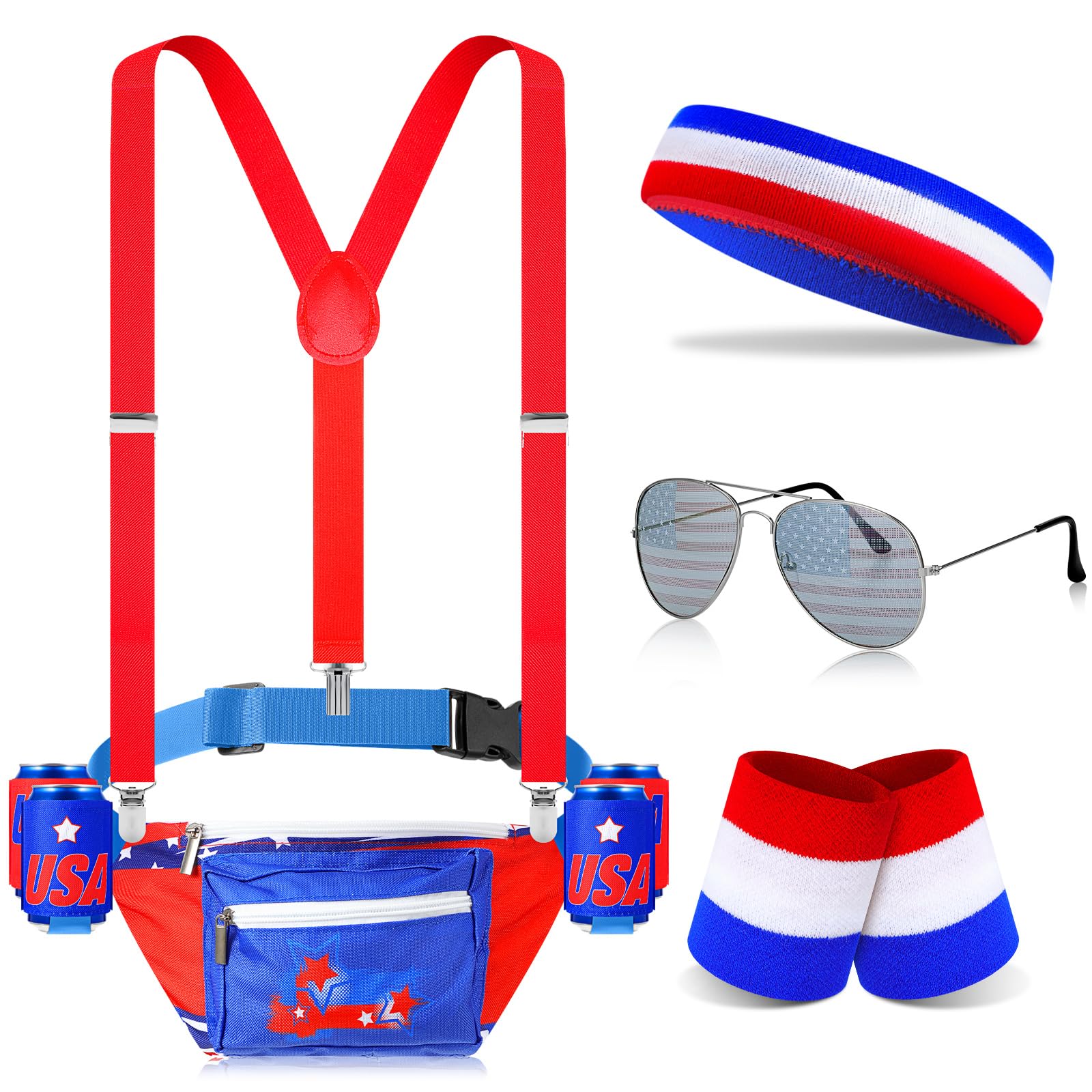Tallew 9 Pcs Patriotic Fanny Pack Beverage Beer Belt Set USA Belt Bag Suspenders Drink Holder Flag Headband Wristband(Stylish Style)