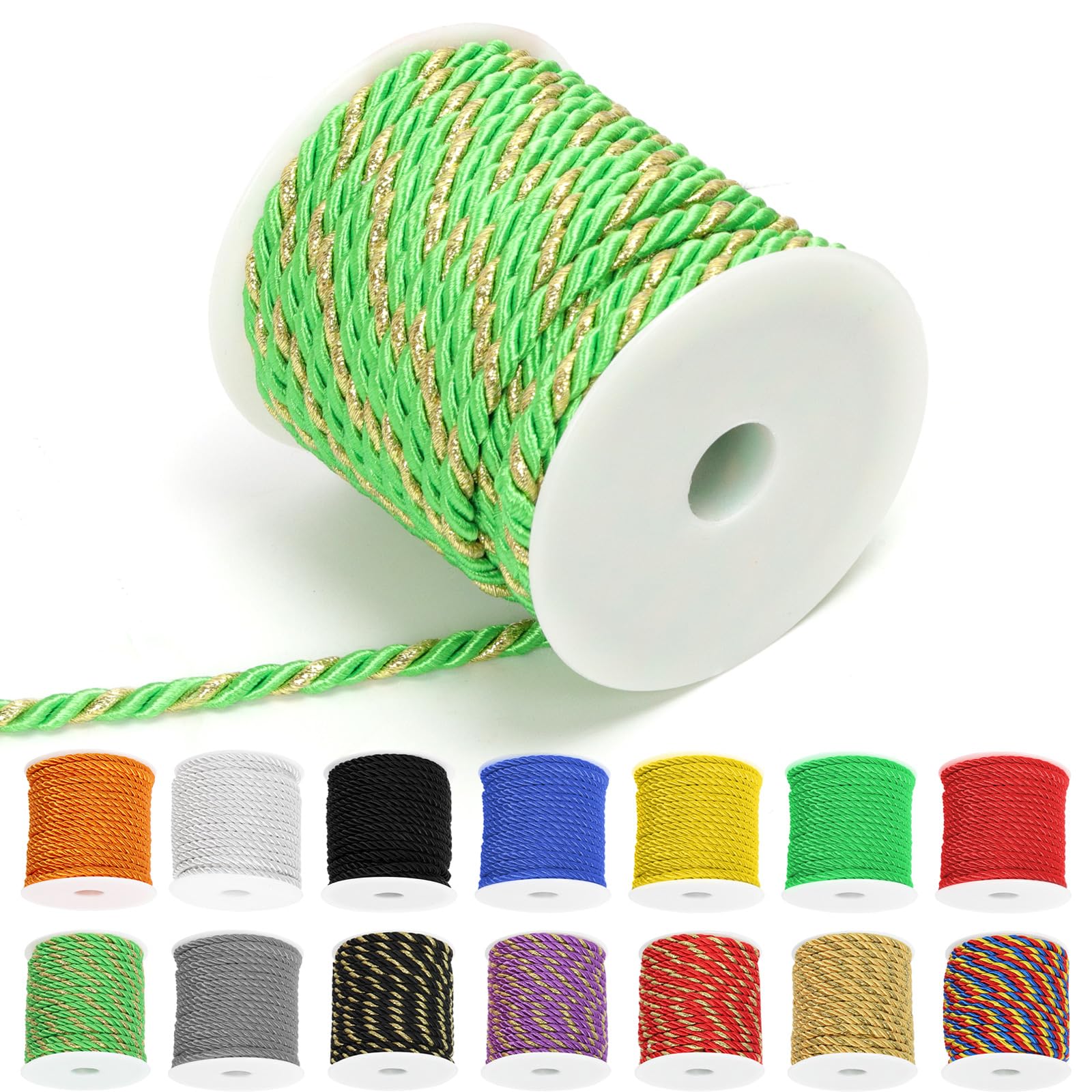 Keadic 5mm Twisted Cord 3-Ply Decorative Polyester Silk,Cord Shiny Viscose Cording Thread Graduation Cords for DIY Crafts, Curtain Tiebacks,Gift Wrapping & Party Decor 59 Feet (Green & gold blend)