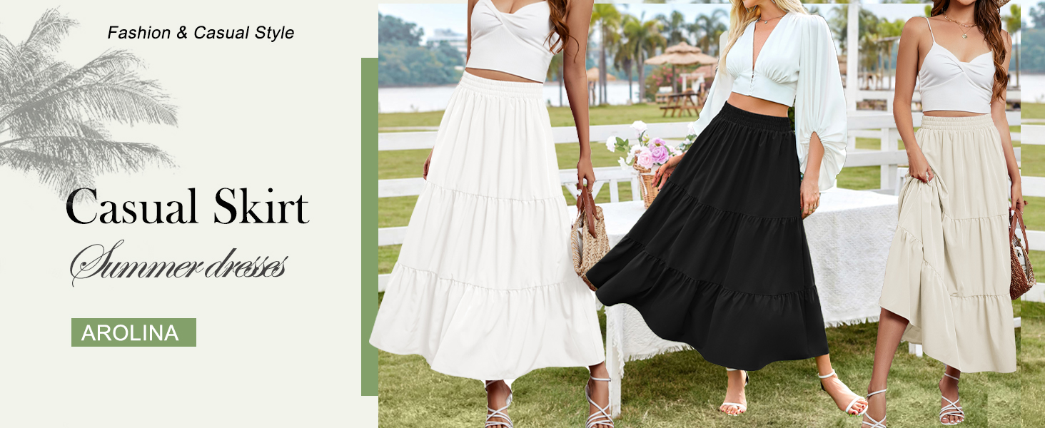 Amazon.com: Arolina Women's Maxi Skirt Summer Boho Long Midi Skirts Trendy  Elastic Waist Flowy Beach Vacation Dress with Pockets : Clothing, Shoes &  Jewelry