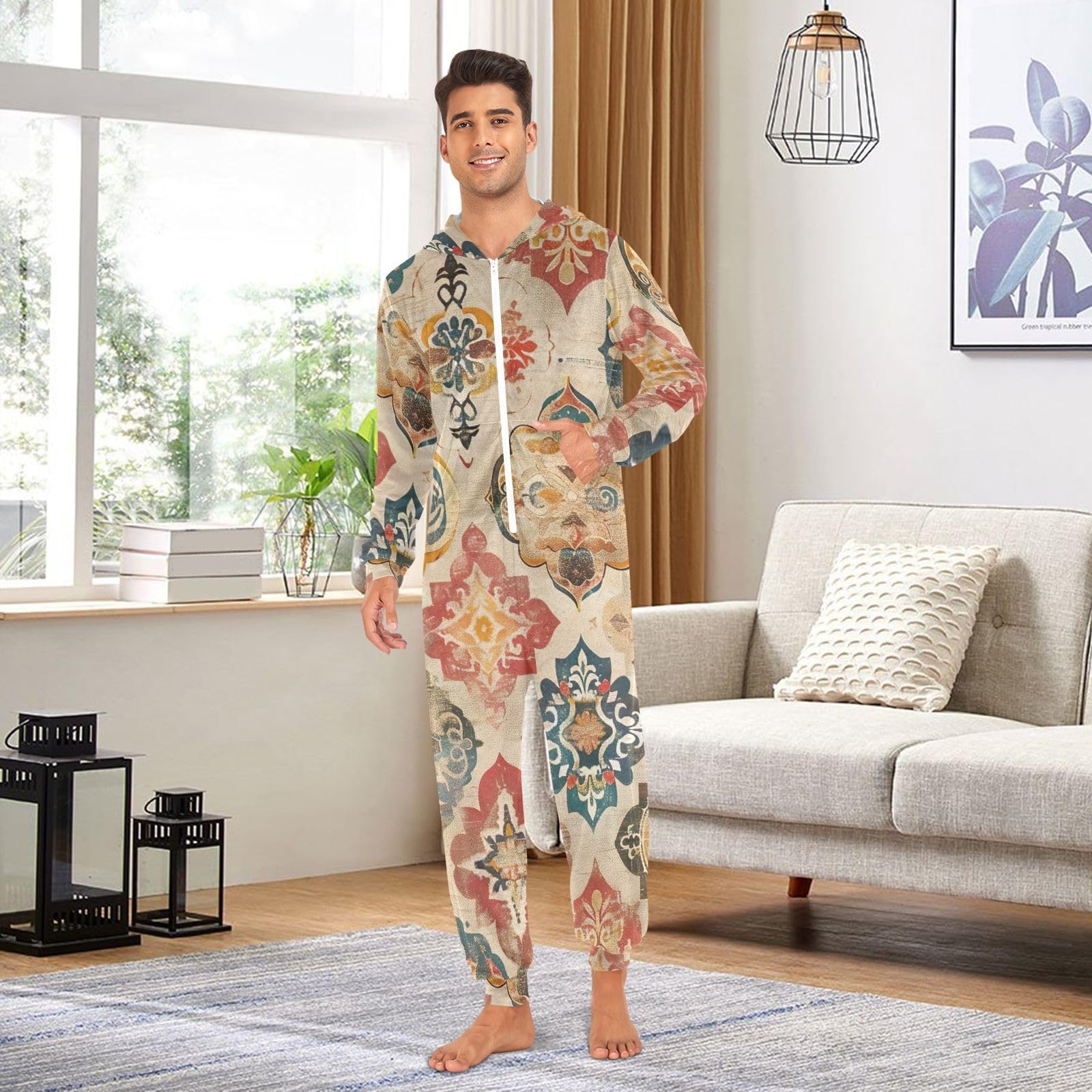 Tuta intera vintage con motivo floreale mandala, per adulti, ultra morbida, in velluto di cristallo, pigiama natalizio con cerniera