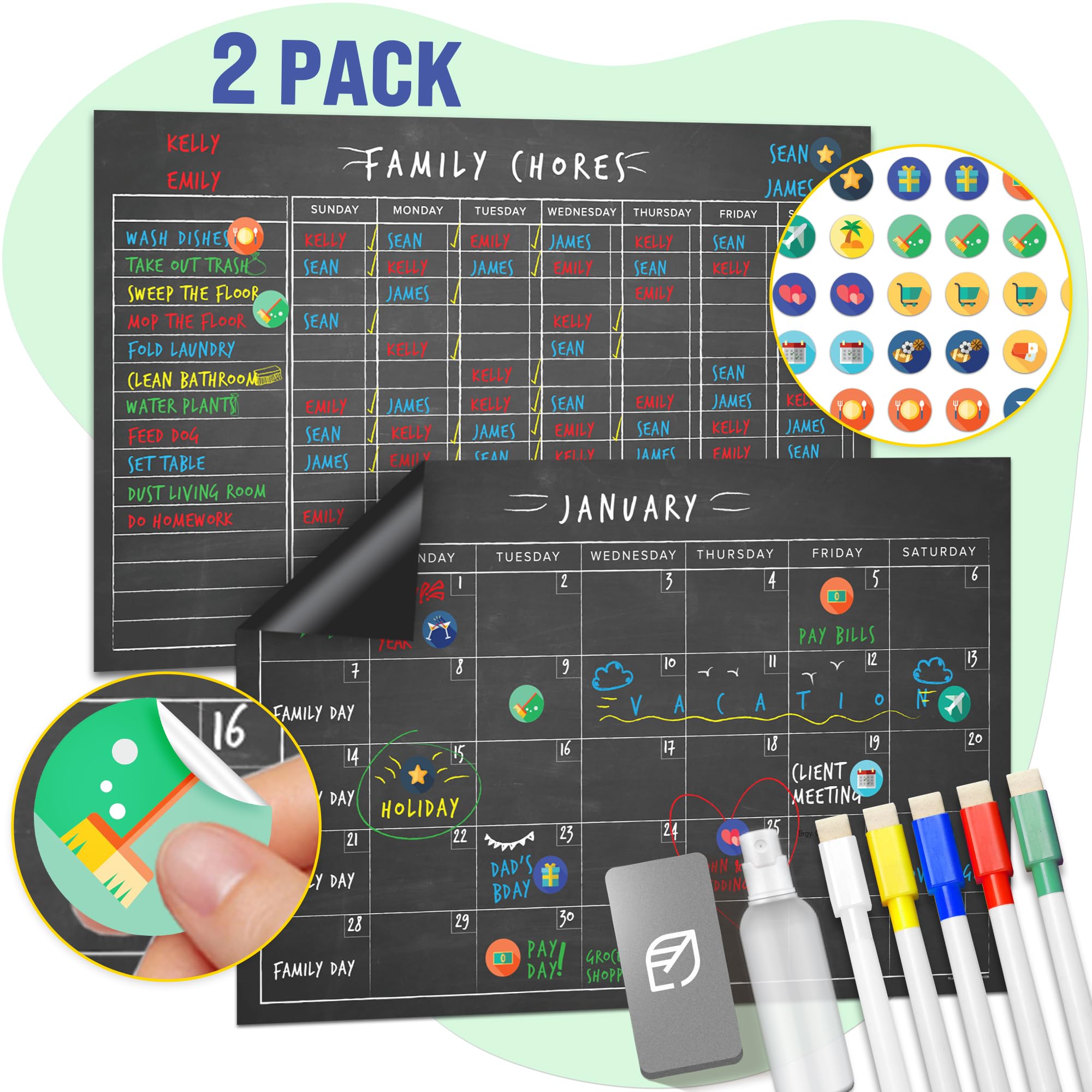 Magnetic Chore Chart & Calendar Set - 11" x 17", Weekly Menu Board & Meal Planner for Refrigerator - Reusable Dry Erase, Includes Markers & Eraser