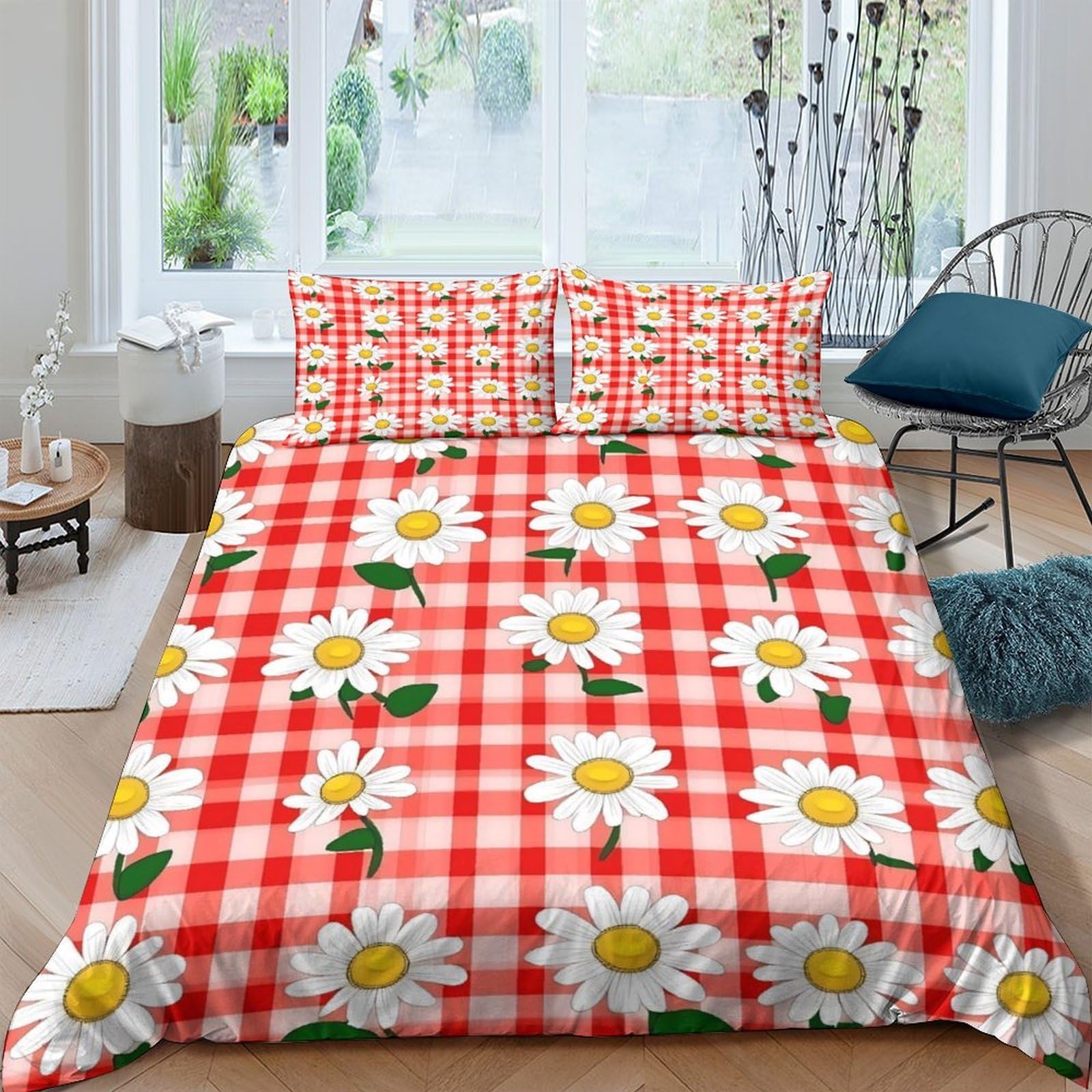 Ctjqhvkz Style-4 3D Printed Red Gingham Daisy Fitted Sheet Microfiber Soft Mattress Cover For Bedroom Guest Room Dorm Decorative Easy Care Single（135X200cm）
