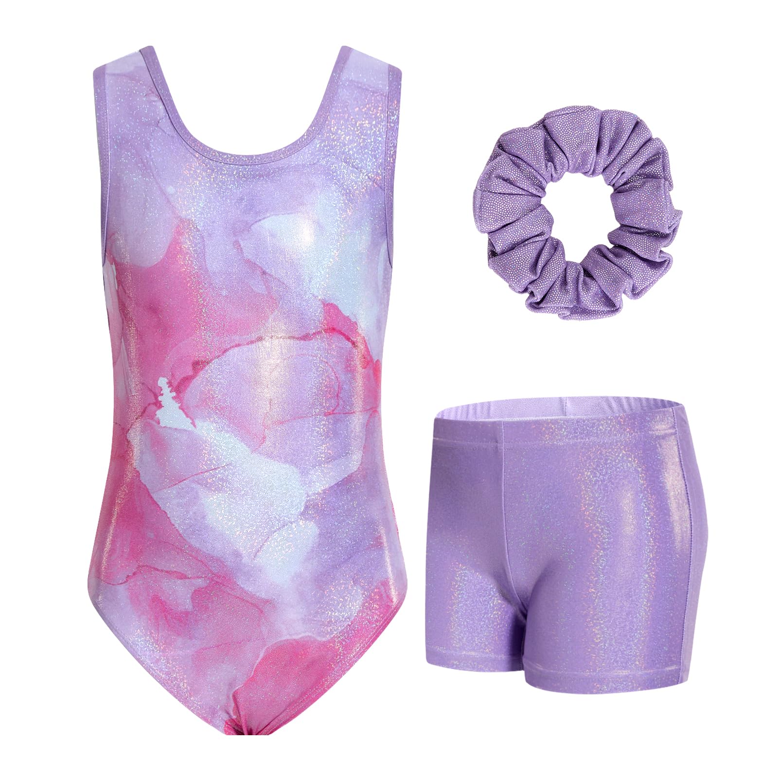 JiAmy Gymnastikanzug Mädchen, Turnanzug Kinder mit Hose Haarband Set, Glänzendes Gymnastik Turnanzug Leotard für 11-12 Jahre
