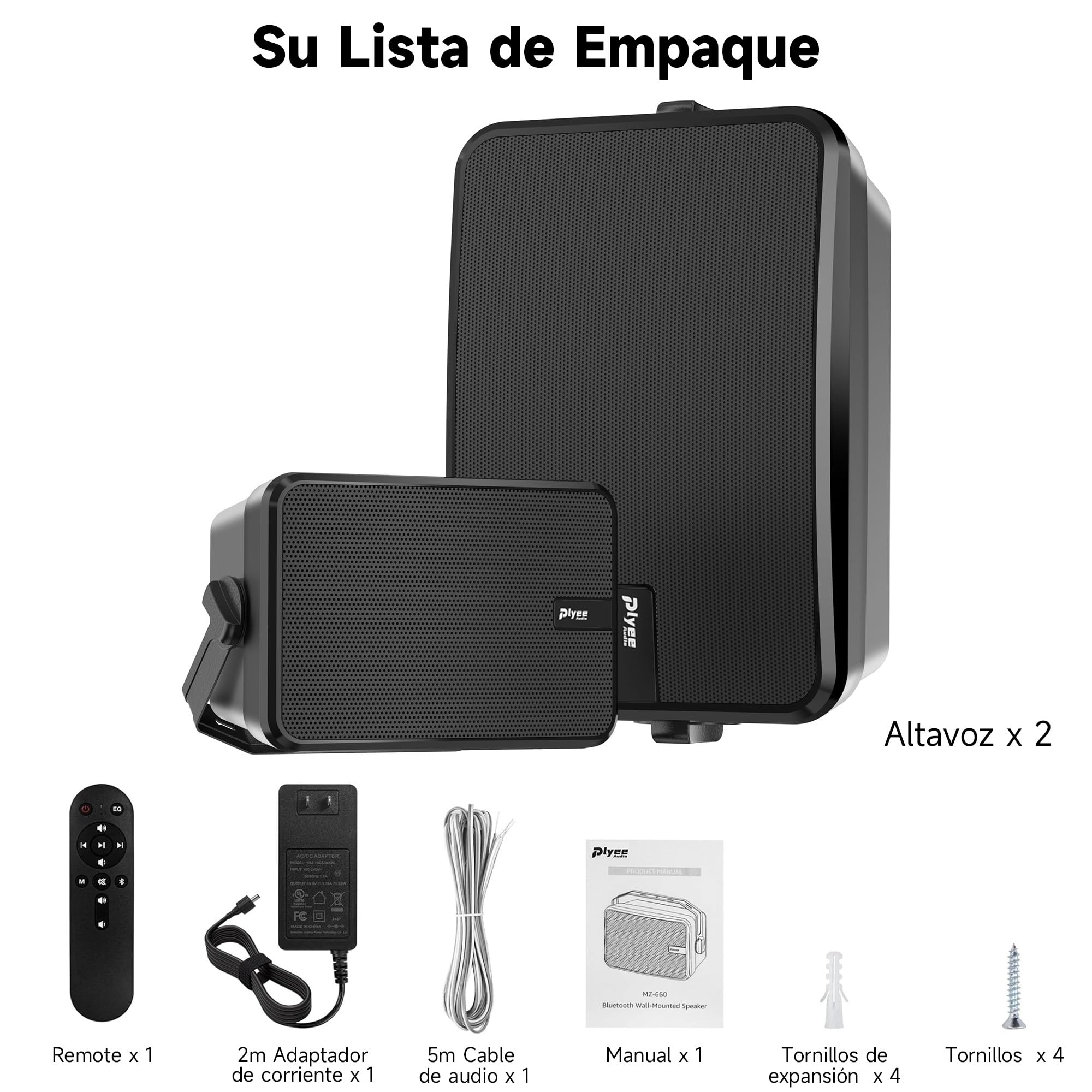 Altavoz Bluetooth Exteriores, Sistema Activo + Pasivo de Montaje en Pared, Amplificador Integrado, Entrada AUX Compatible para Terraza, Porche, Piscina, Garaje, Pack de 2 (MZ‑660)