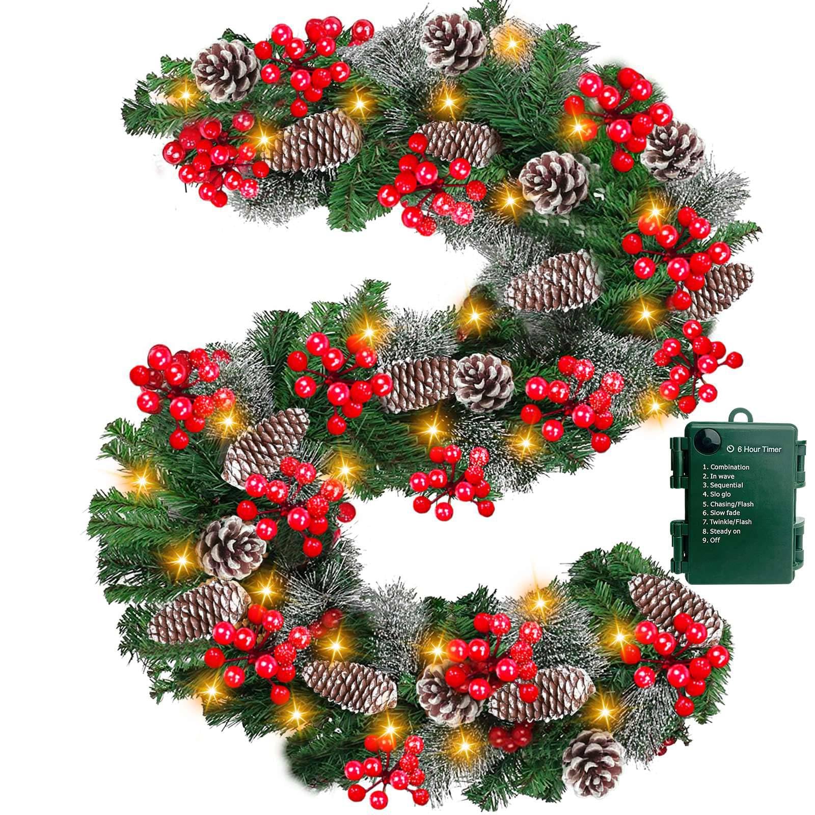 Auto Timer & 8 Modes 9Ft by 10 Inch 50 LED Prelit Christmas Garland Decorations Warm Lights Thick 270 Lifelike Snowy Tips 70 Red Berries 10 Pinecones Xmas Garland Fireplace Door Stairs Home Outdoor