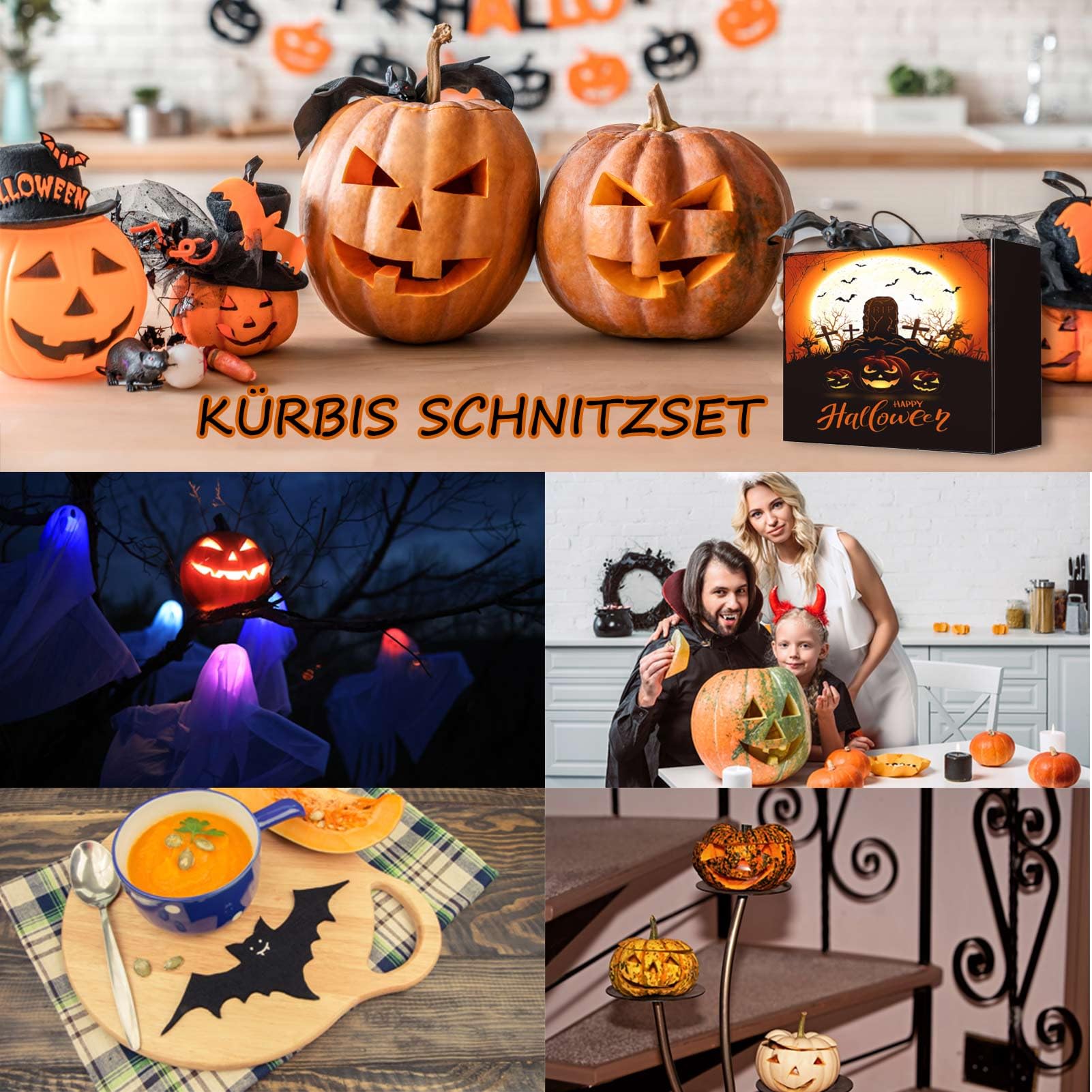 Kit de Tallado de Calabaza de Halloween: Juego de 13 Piezas Herramientas Calabazas de Acero Inoxidable con Martillo y Cortadores de Galletas Pumpkin Carving Kit para Familia
