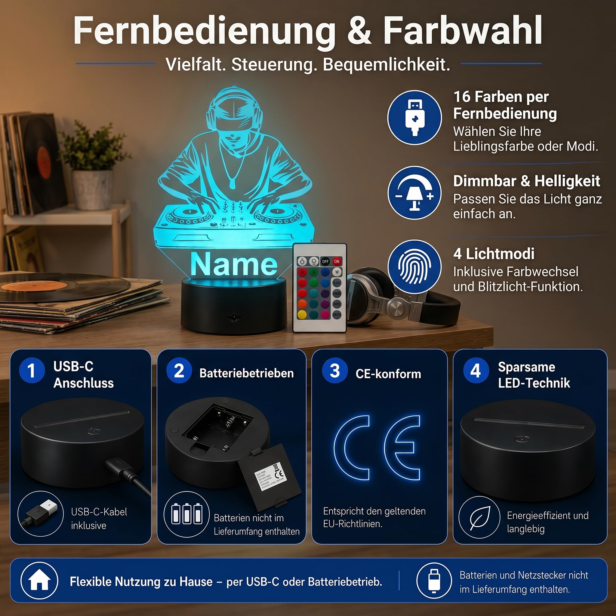 Personalisierte DJ Lampe – LED Nachtlicht mit Name & Gravur – Geschenkidee für DJs, Musikliebhaber & Clubfans – Musik Deko Lampe, stimmungsvolles Licht & originelles DJ Geschenk