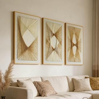 Large Framed 3D Textured Wall Art Set of 3, Geometric String Art, 24x36 In