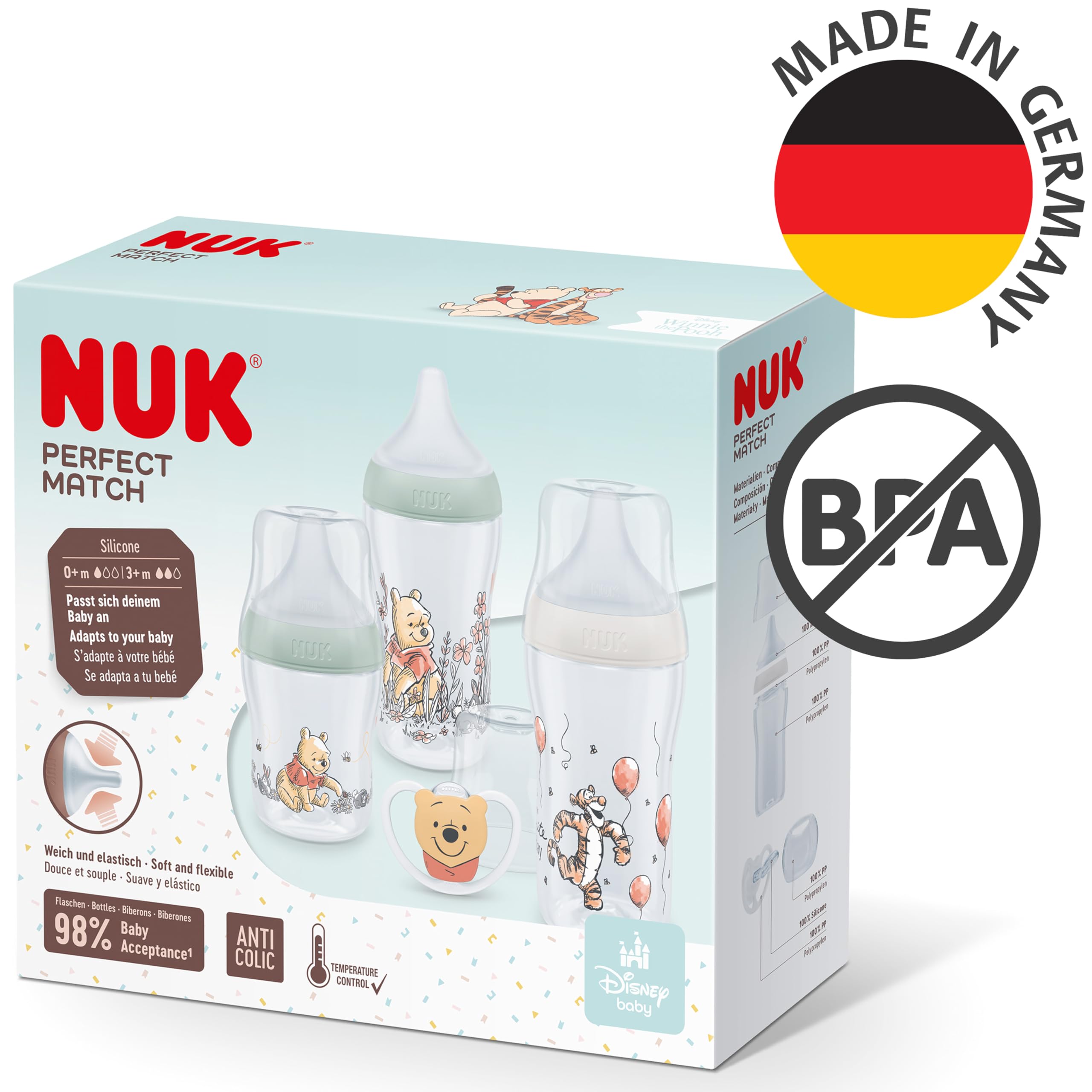 NUK Perfect Match Zestaw butelek dla niemowląt, 0-6+ miesięcy, pasuje do podniebienia dziecka, 3 butelki antykolkowe i smoczek Space, bez BPA, Disney Kubuś Puchatek, 4 szt