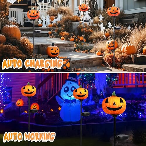 Miniatura 6 de Afirst Luces solares de calabaza de Halloween para caminos de cristal soplado a mano para Halloween, linterna de Halloween, pantalla LED solar para