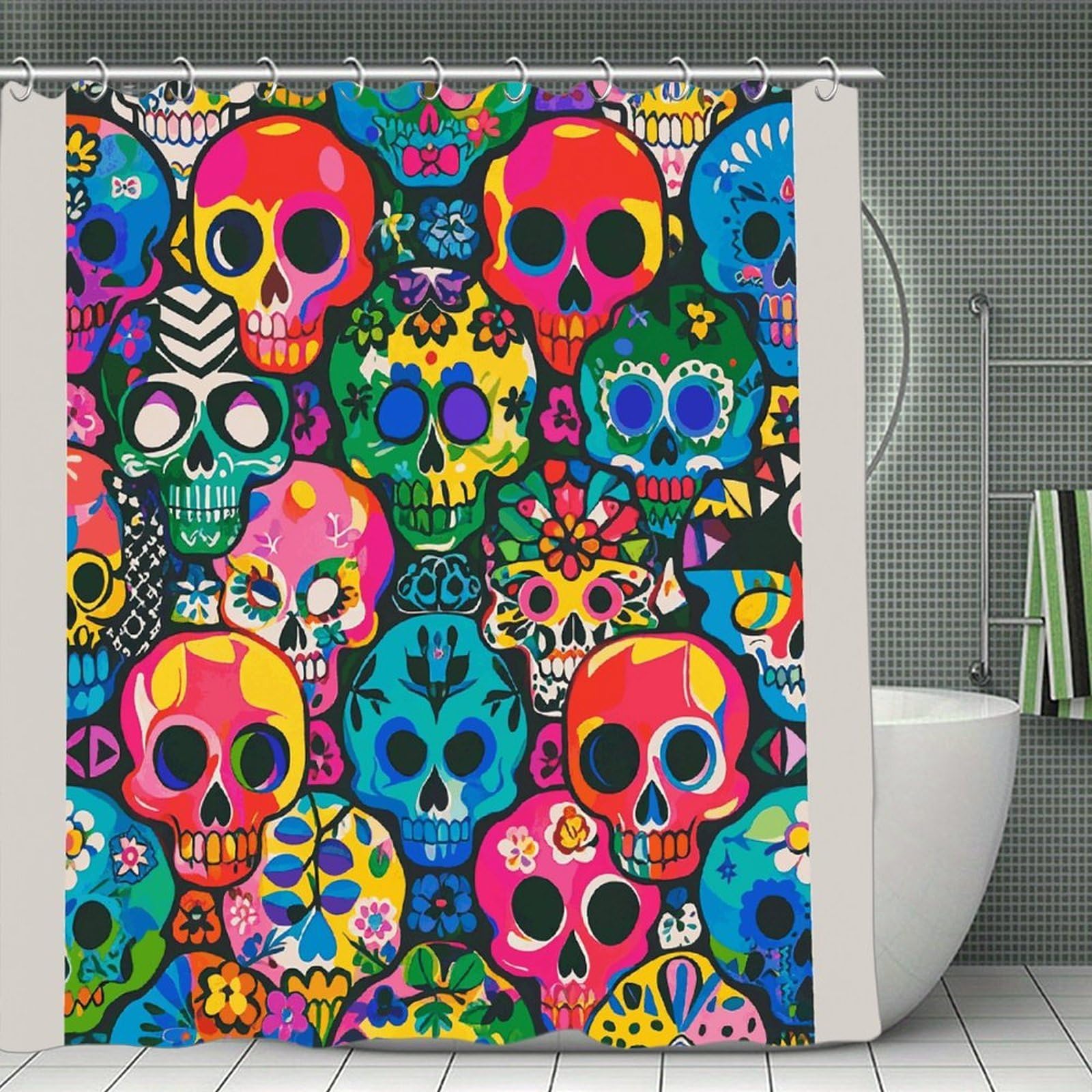 FekiLoot Colorful Skulls Print Shower Curtain Minimalist Aesthetic Bath Curtain with Hooks Simple Water Resistant Bathroom Shower Curtains Cute Blackout Privacy Curtains Cloth Curtain