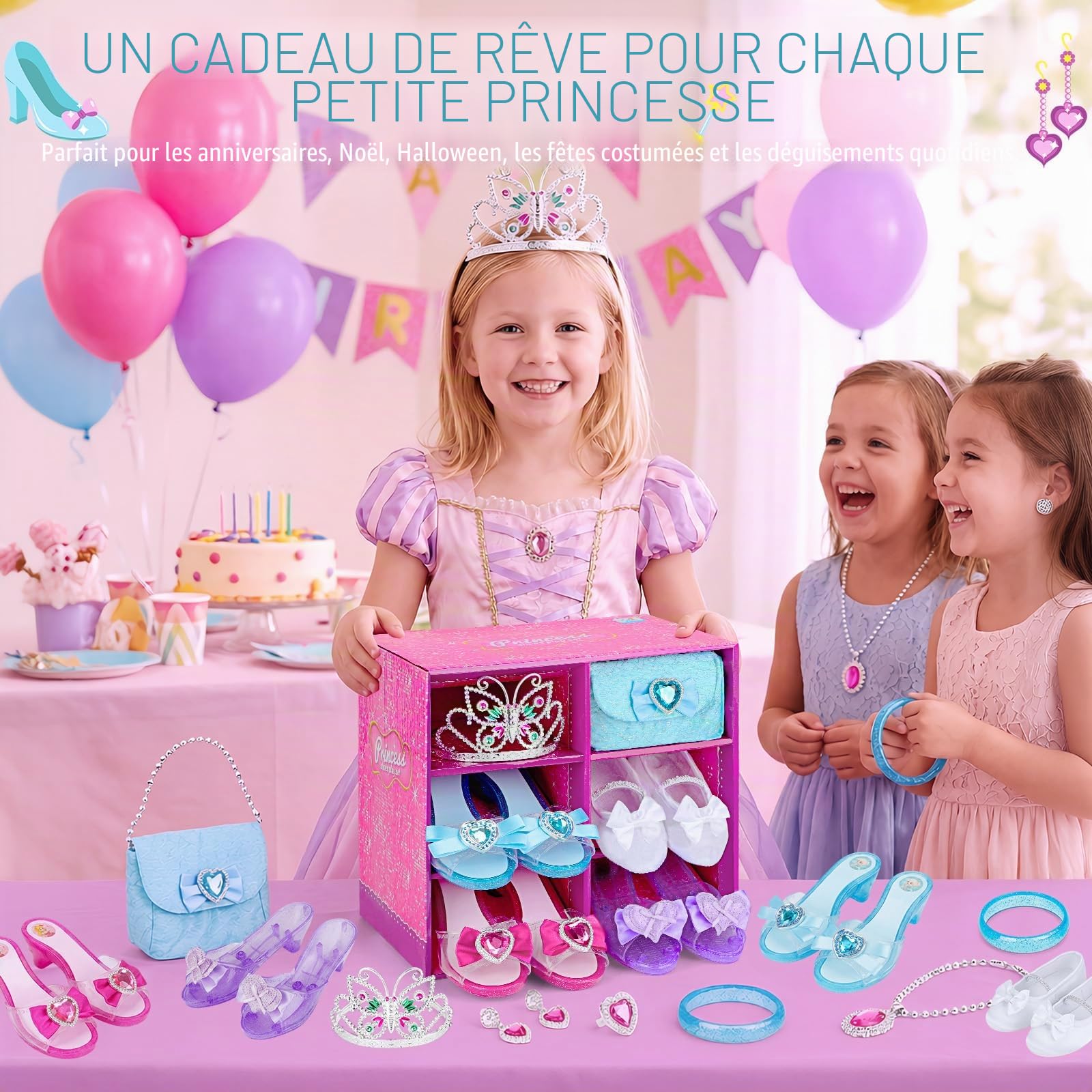 deAO Chaussures de Princesse avec 4 Paires de Chaussures de Jeu, 1 Sac à Main et Accessoires de Bijoux pour Filles âgées de 3, 4, 5, 6 Ans, Bracelets, Colliers, Boucles d'oreilles et diadème, Cadeau