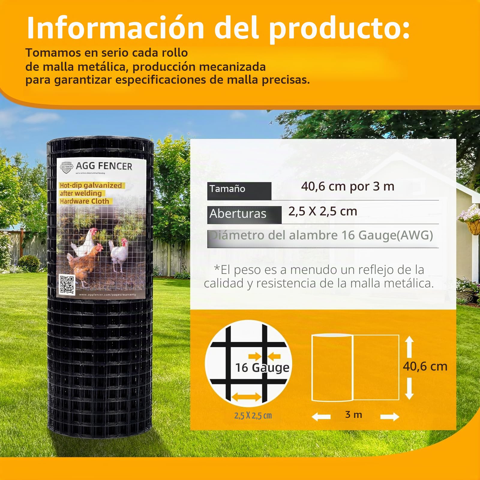 Tela metálica Negro 40,6 cm x 3,4 m, calambre 1,3 mm, luz 12,7x12,7 mm, revestimiento PVC - Para gallineros y cercados de jardín