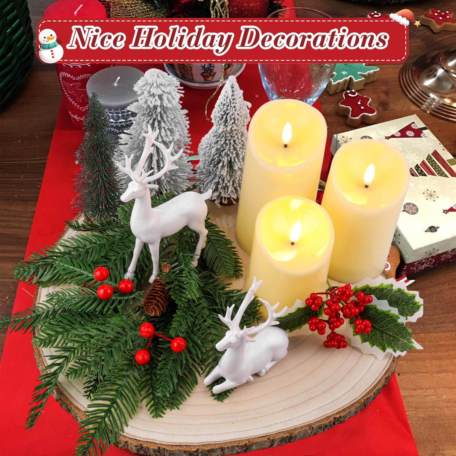 Lot de 14 tranches de bois de Noël pour tables - Décoration à faire soi-même - Dalles de bois naturel de 30,5 à 33 cm - Bougies - Branche de baies rouges - Mini arbres de Noël, rennes et