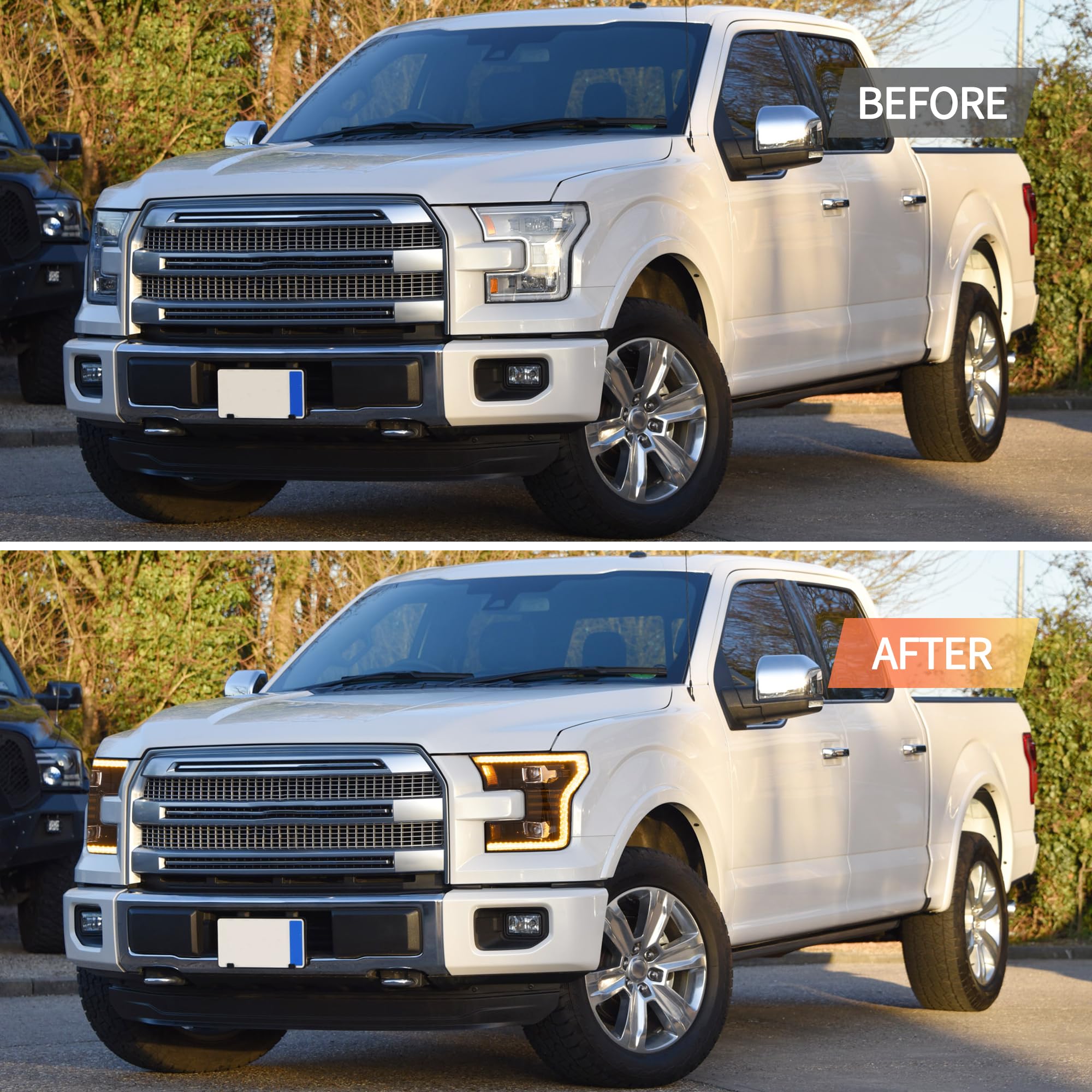 Reflektor LED do F150 2015 2016 2017 Halogen XL, XLT, Lariat, King Ranch, Platinum, Limited, Raptor [nie do oryginalnych diod LED], DRL z wyświetlaczem dynamicznym, żółte światła do jazdy