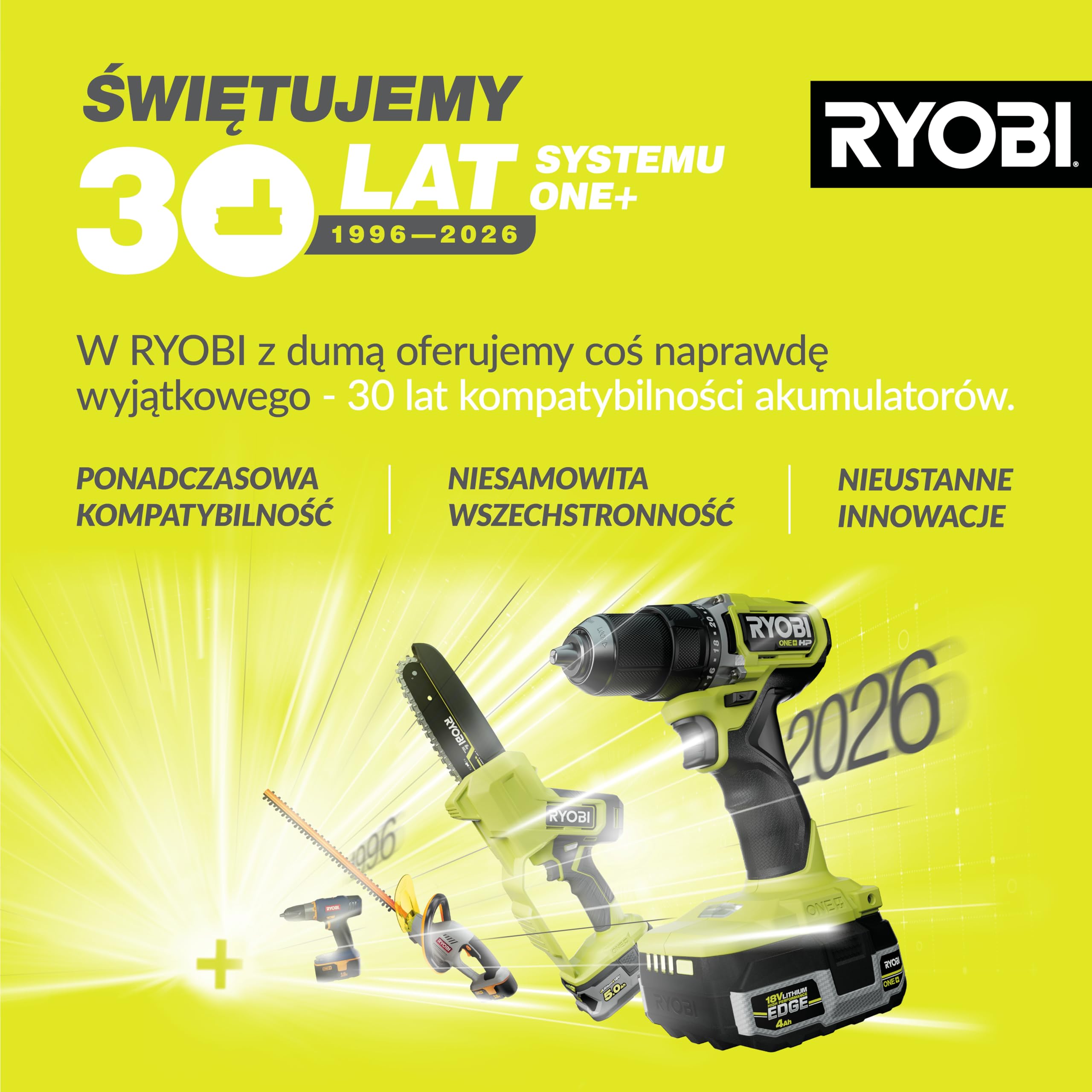 Ryobi Bezprzewodowa Kosiarka 18 V, OLM1833B, Szerokość Koszenia 33 cm, 5-Stopniowa Regulacja Wysokości Koszenia, od 25 mm do 65 mm, Kosz na Trawę 35 L, Wersja bez Akumulatora i Ładowarki