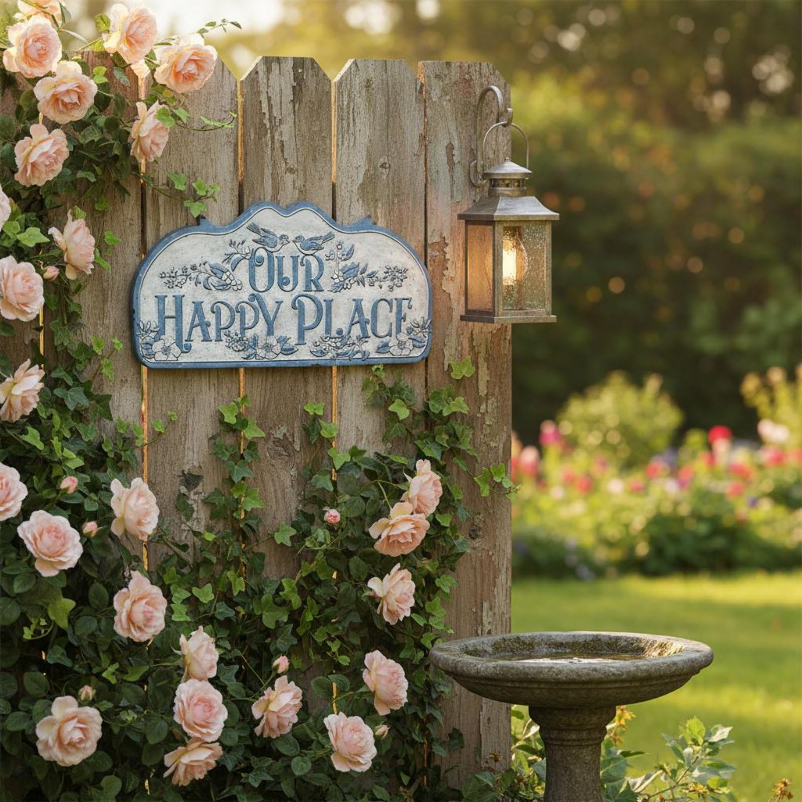LOVIVER Placa Decorativa de Pared Placa de Bienvenida Cartel Colgante Panel Metálico en Hierro con Florales y de Aves Adecuada para Entrada Porche Patio Jardín Regalo