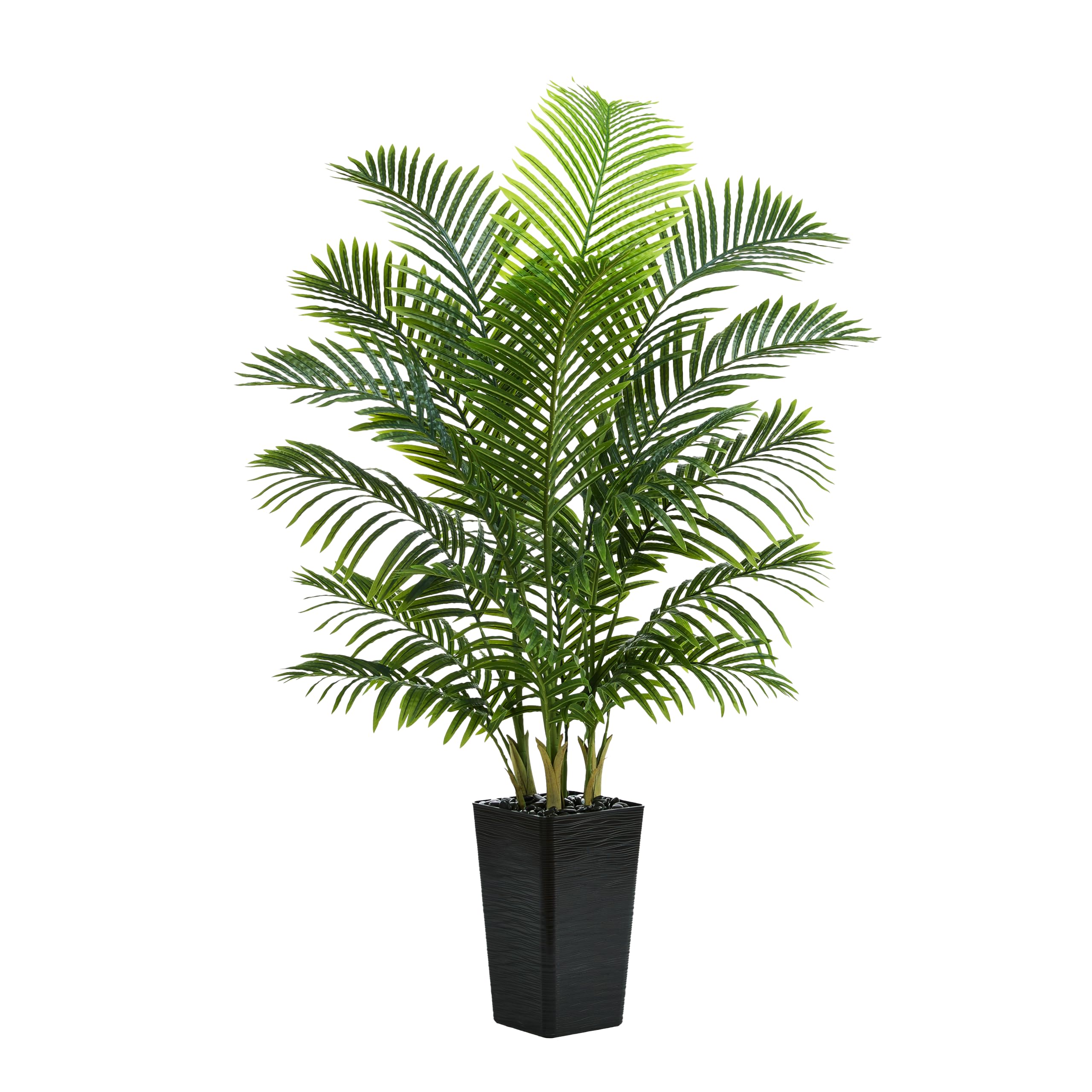 TNGGNT Artificial Palm Tree：5FT Tropical Fake Silk Plant UV Resistant Faux Areca Palm with White Planter & Black Pebbles for Home Office Living Room