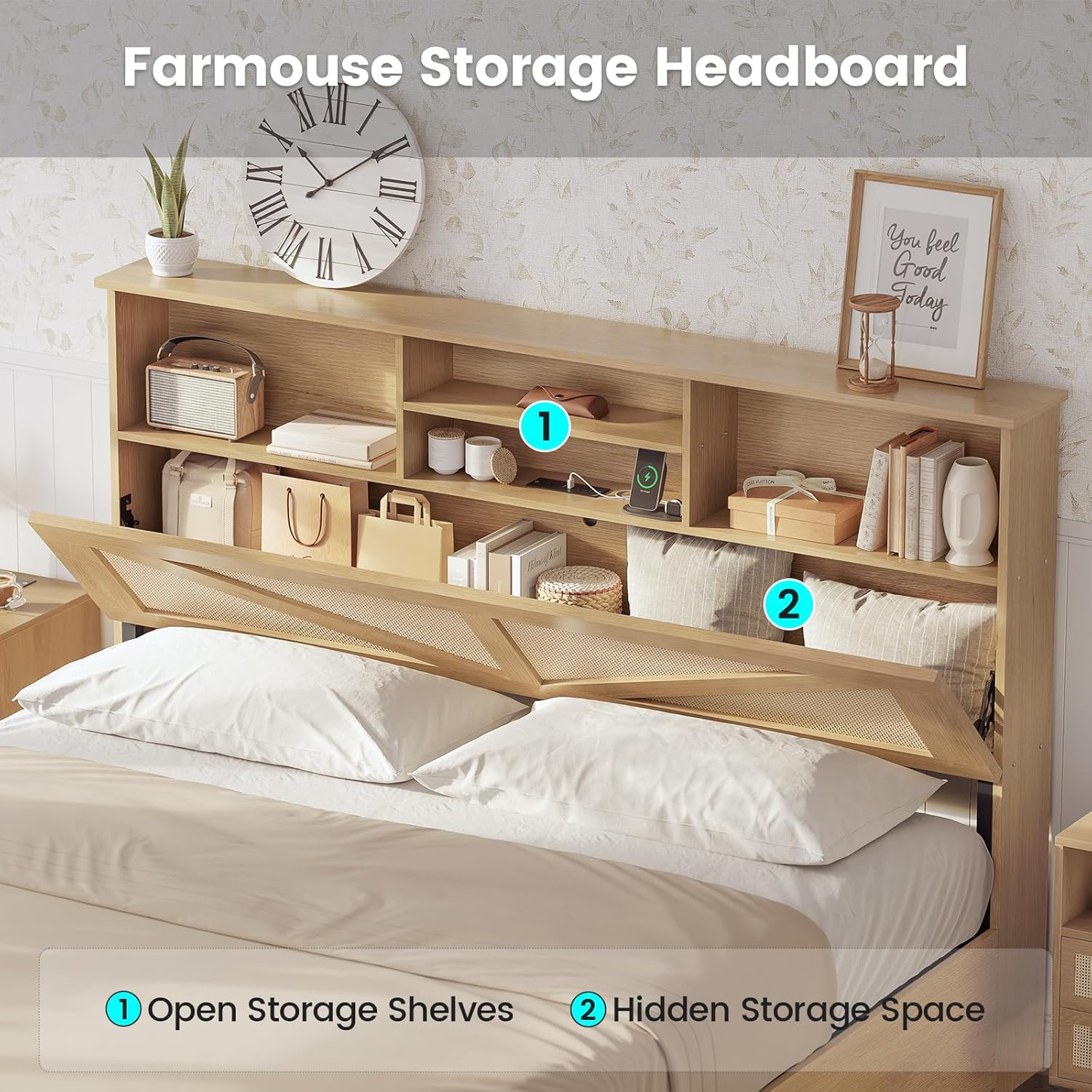AOGLLATI Queen Bed Frame with 4 Storage Drawers and Natural Rattan 2-Tier Bookcase Hidden Headboard, Boho Led Bed Frame Queen Size with Charging Station, No Box Spring Needed, Wood Wood Queen